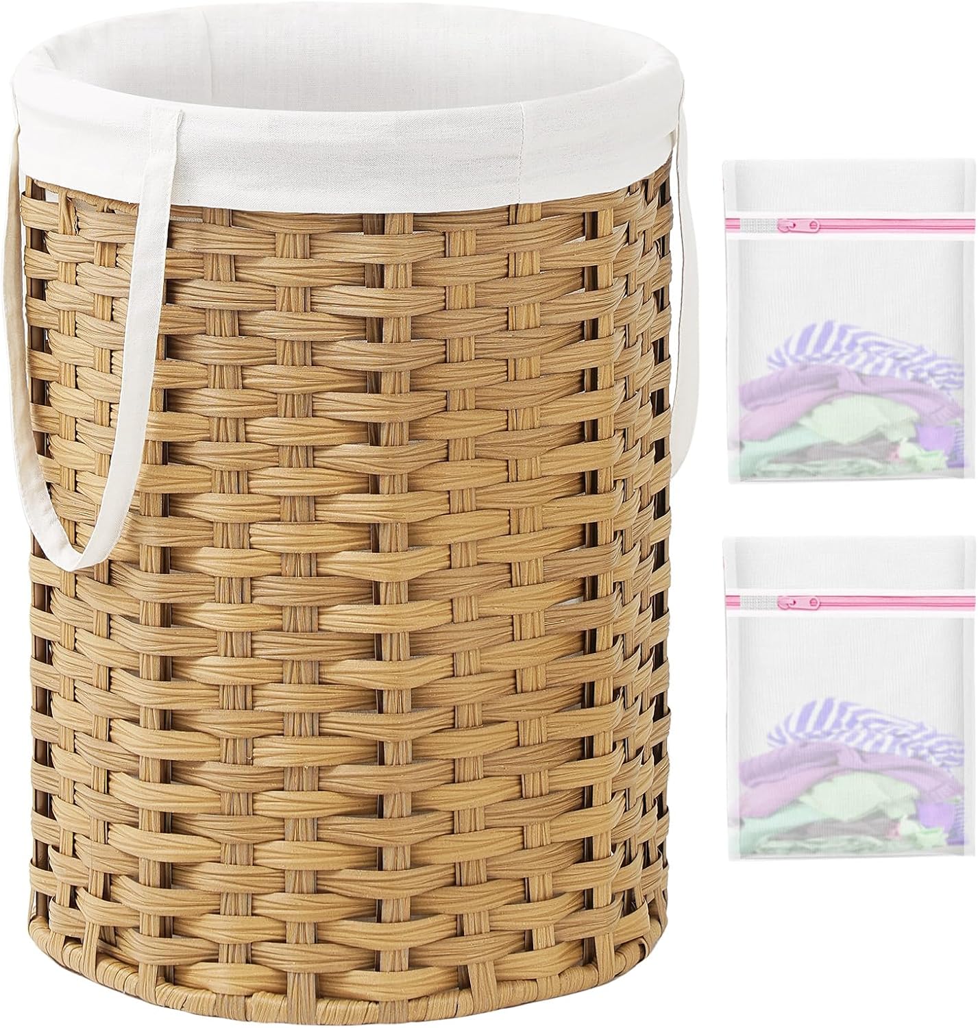 Laundry Hamper Round 19.0 Gal (72 L) Handwoven Rattan Laundry Basket, Large Wicker Laundry Hamper with Removable Laundry Bag Handles 2 Mesh Bags for Bathroom Living Room Natural