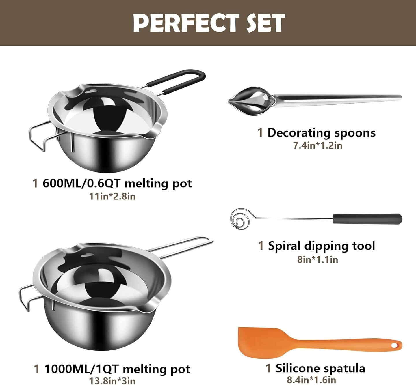 5-Piece Double Boiler Set – Stainless Steel Chocolate Melting Pots, Spatula, Spoons & Dipping Tool for Candy & Soap