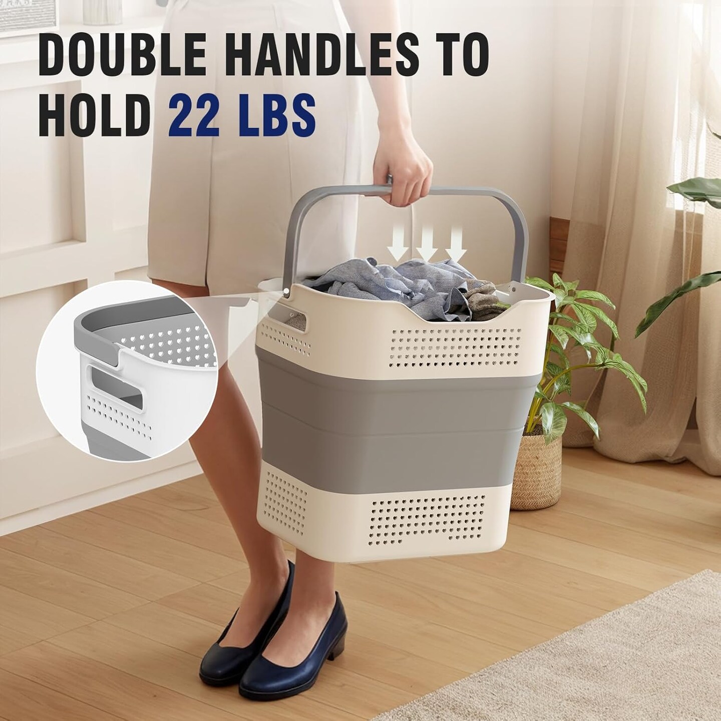 Collapsible Plastic Laundry Basket Hamper with Handles, 43L (11.5Gallon) Portable Rubber Clothes Basket, Pop Up Storage Container/Organizer