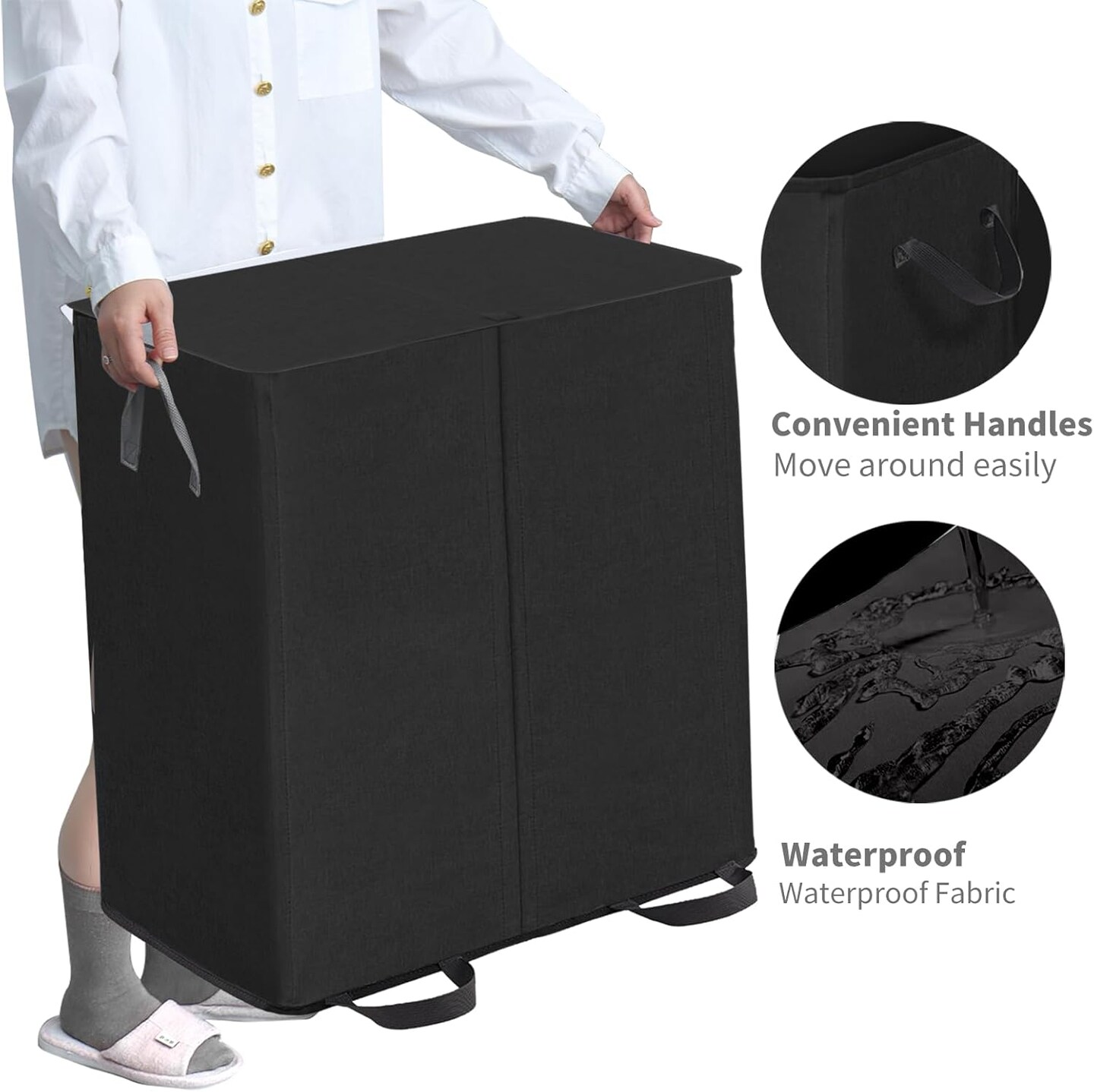 Double Laundry Hamper with Lid and Removable Bags, Laundry Basket 2 Section, Double Hampers for Laundry, Large Divided Hamper, Dual Laundry Hamper 2 Section with Handles Dorm 158L Black