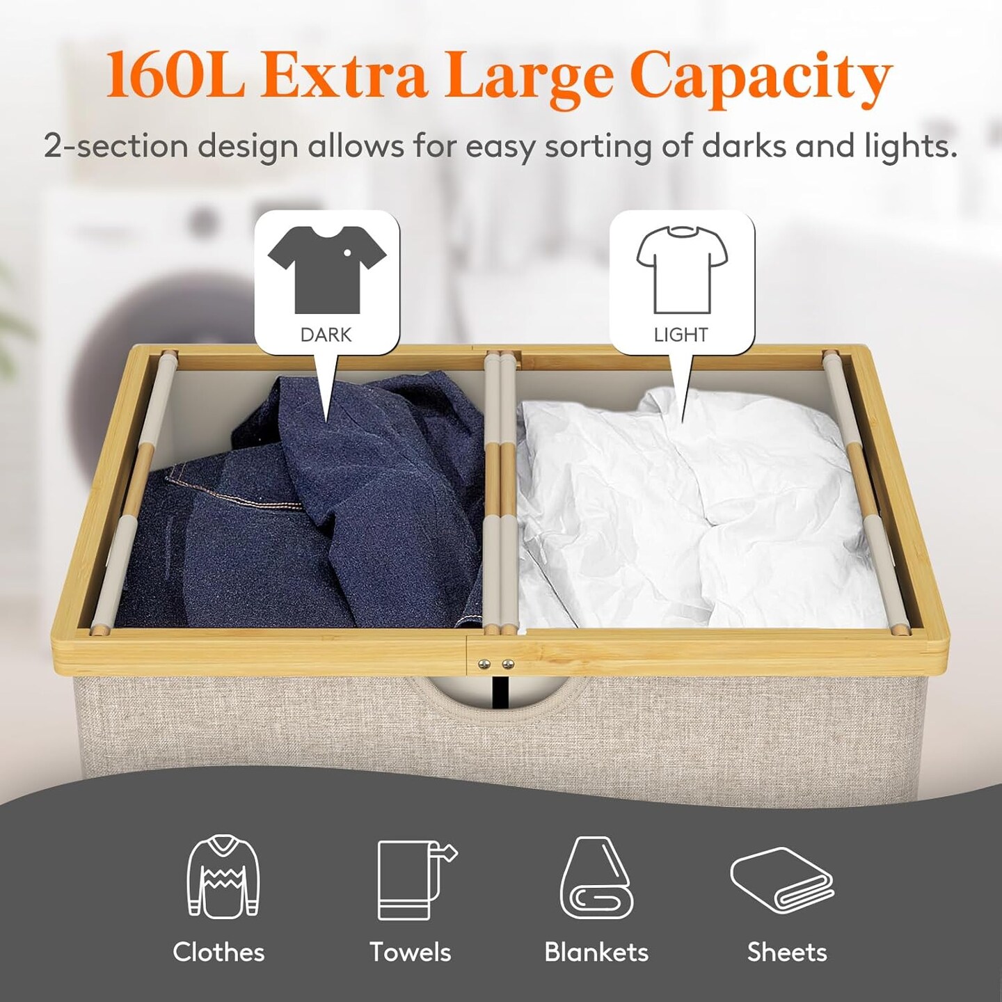 Double Laundry Hamper with Lid, Extra Large Bamboo Laundry Basket Dirty Clothes Hamper, 2 Section Laundry Bin Organizer for Laundry Room Bedroom