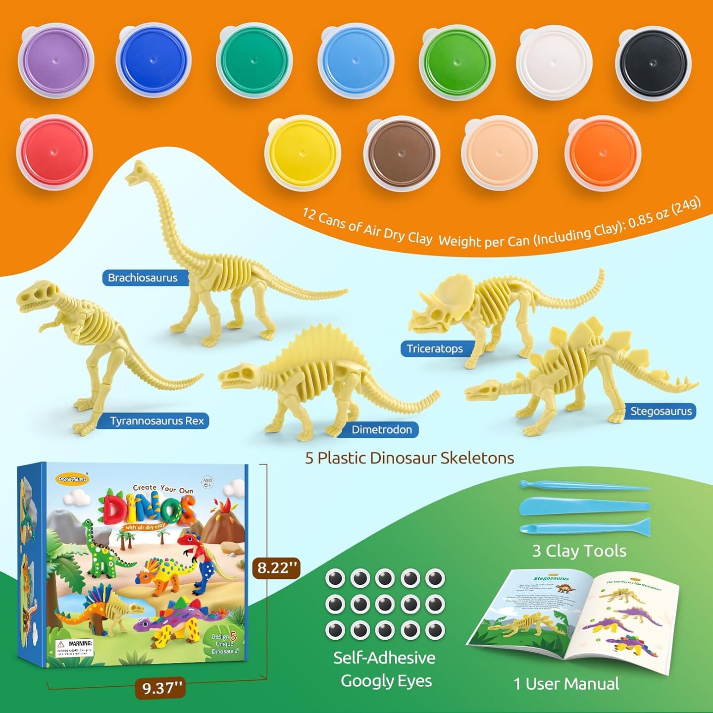 Dinosaur Air Dry Clay Kit &#x2013; Create 5 Dinosaur Models with 12 Colors of Modeling Clay, Instruction Guide &#x2013; Fun &#x26; Educational Craft Set for Kids