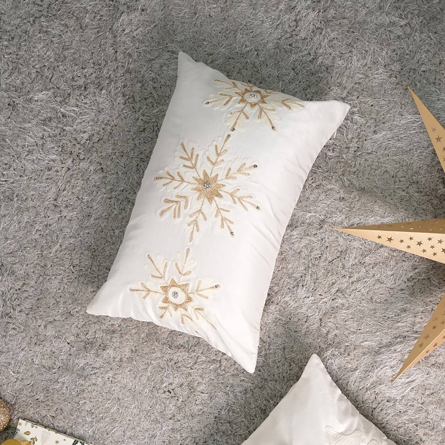 Snowflake Serenity Winter Cushion 24" x 16" – Embroidered & Beaded Holiday Throw Pillow