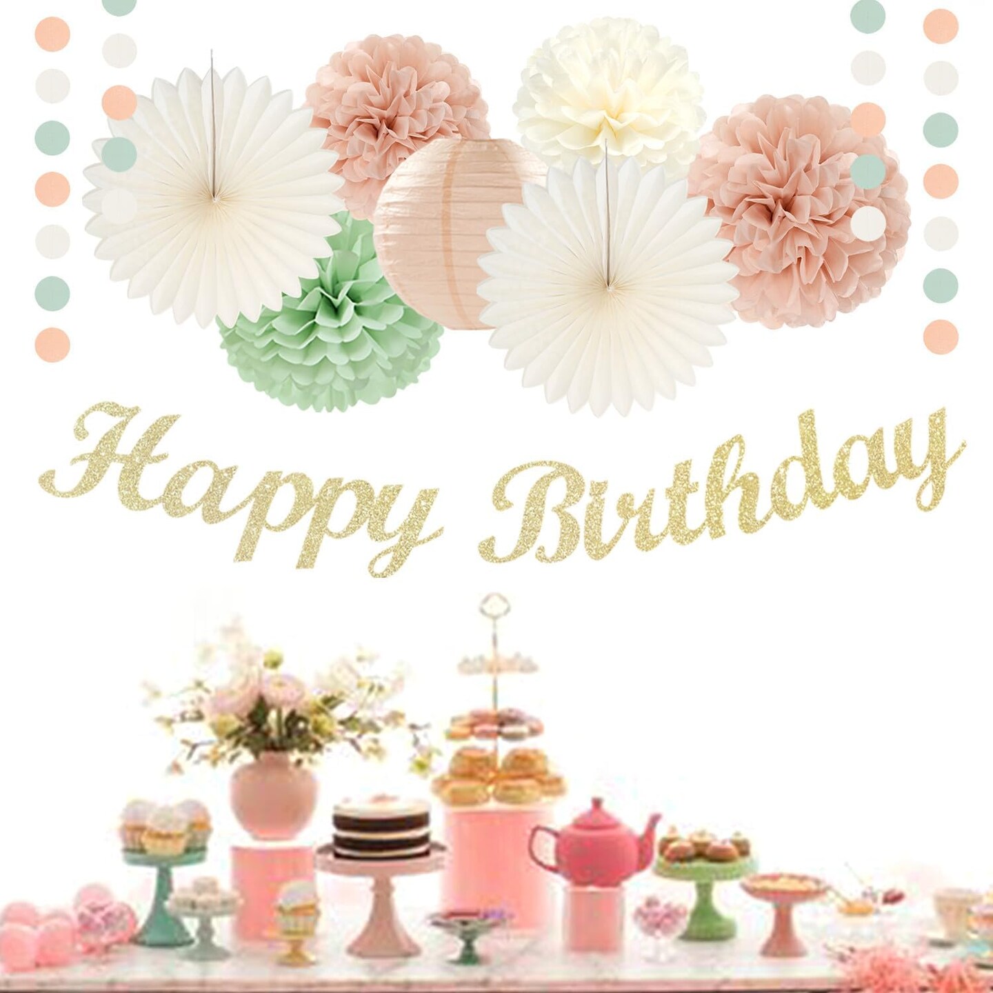 Sage-Green Pink First Happy Birthday Party-Decorations(Beige Mint Green Pink)