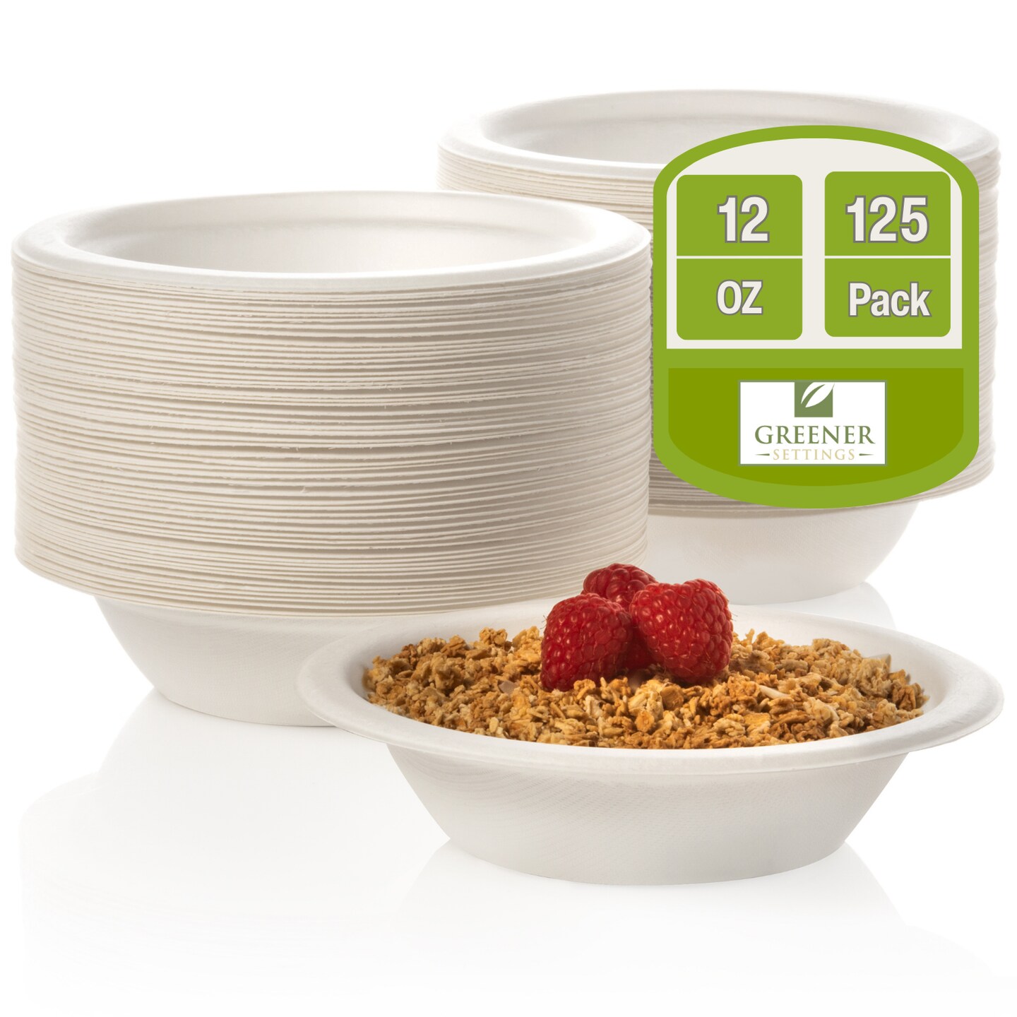 Greener Settings 125-Pack 12 oz Compostable Paper Bowls – Heavy-Duty Sugarcane Bagasse, Biodegradable, Microwavable, Freezer Safe, Leak-Resistant, Cut-Resistant Eco-Friendly Bowls for Soup, Cereal, and Snacks