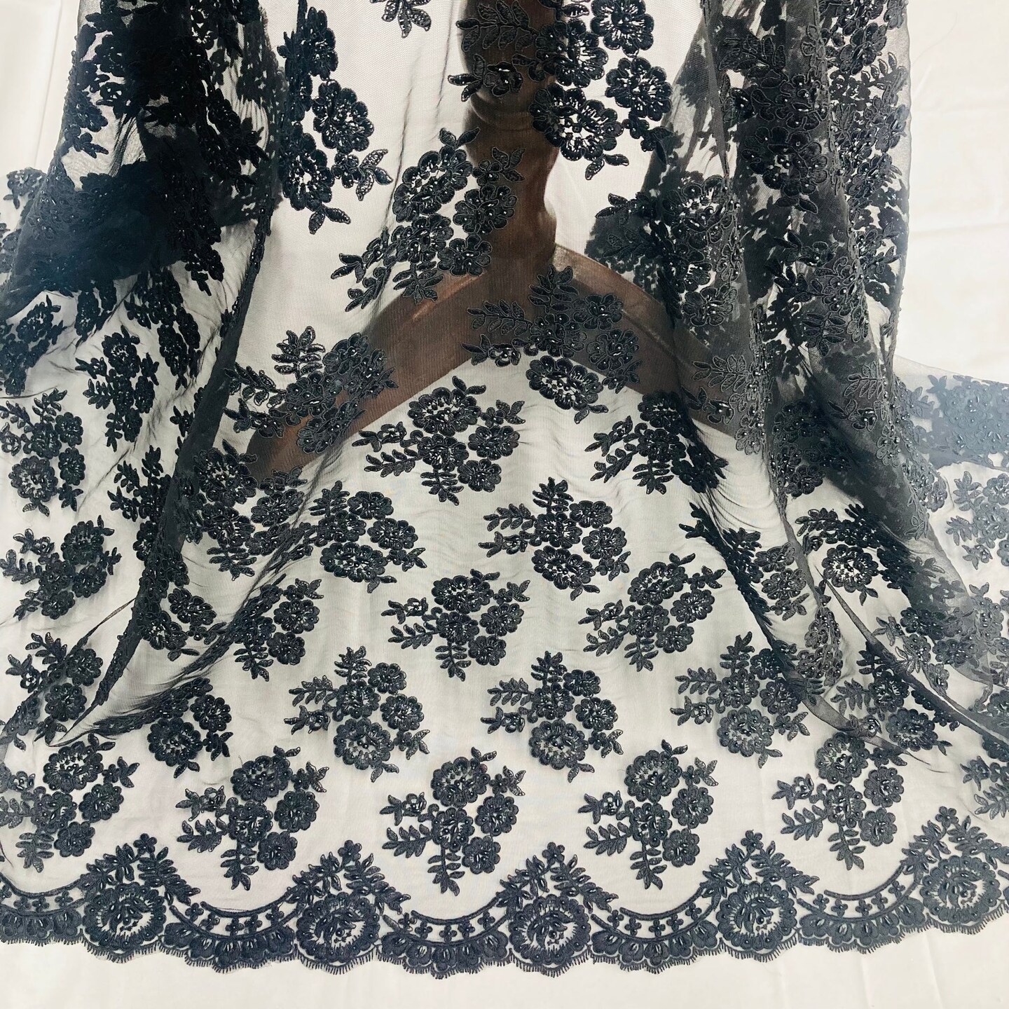 1 Yard Black Beaded Corded Bridal Lace Fabric Embroidered on Polyester Net Mesh 48 inch Width