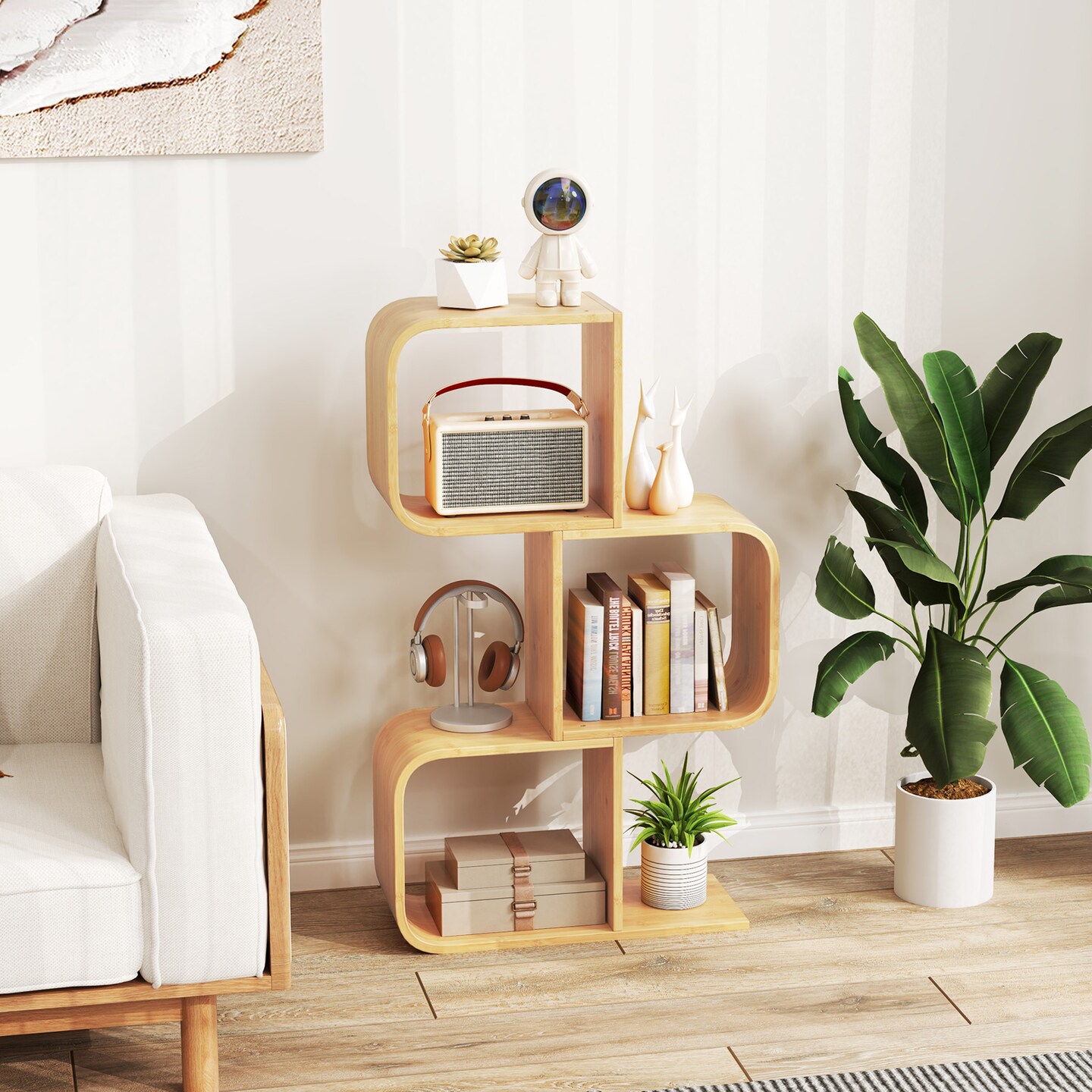 Costway 1/2 PCS 2 Tier S-Shaped Bookcase with 2 Open Cubes Geometric Corner Display Shelf