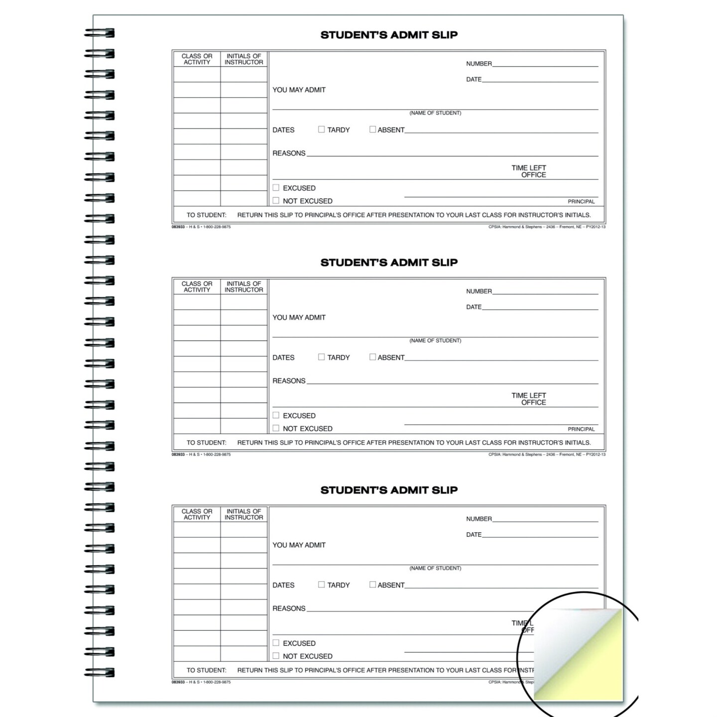 Hammond & Stephens Student Admit Book, 8-1/2 x 11 Inches, White, Canary