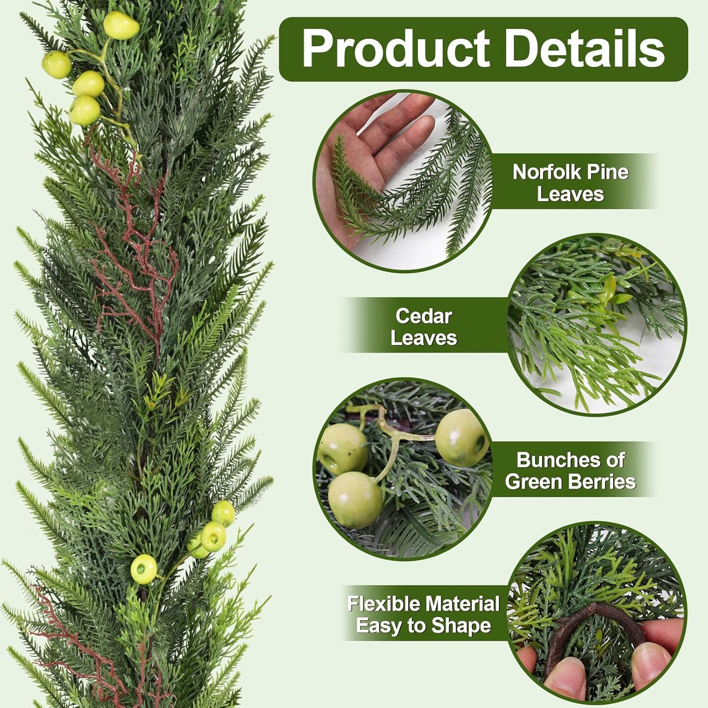 6 FT Artificial Norfolk Pine Christmas Garland with Green Berries
