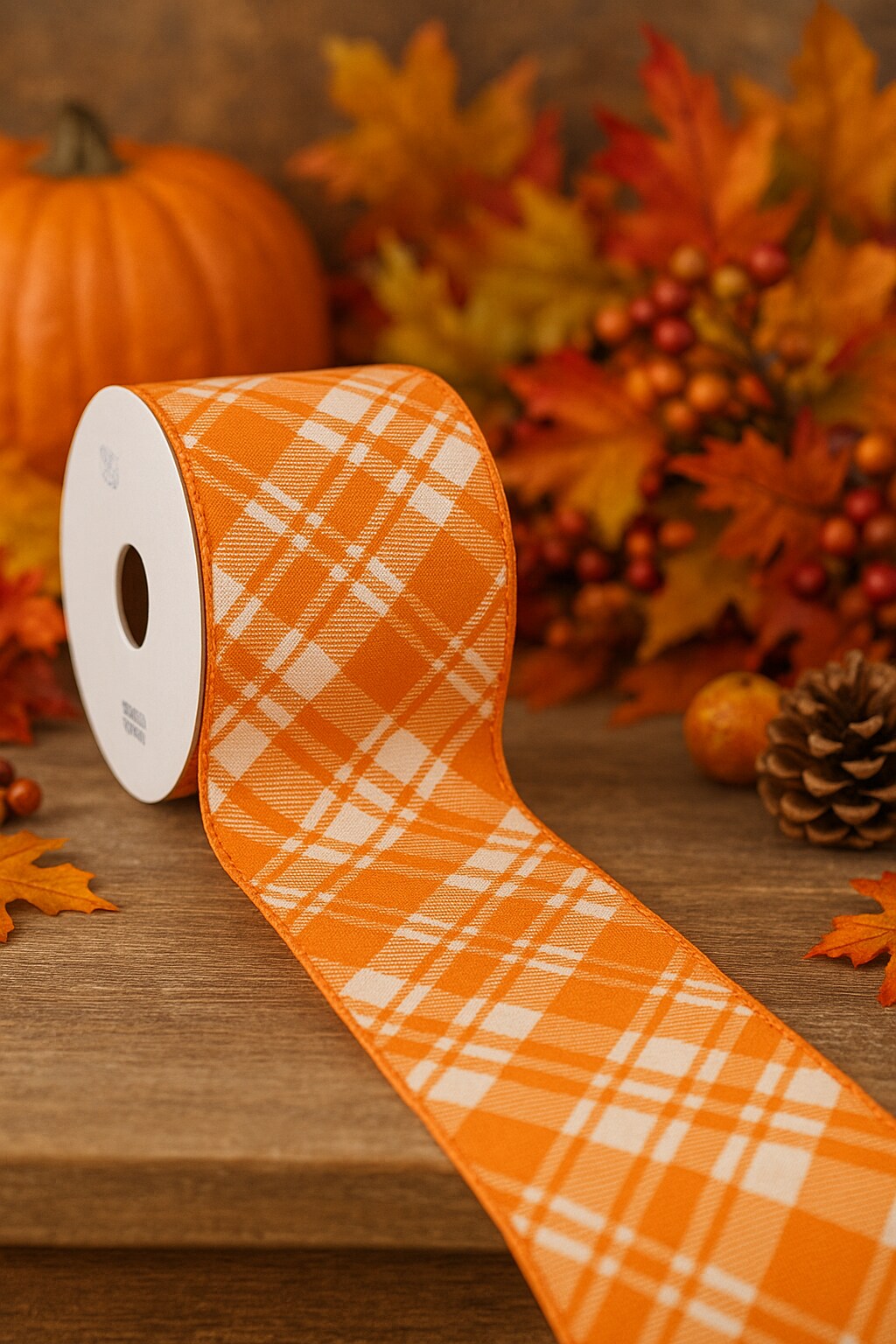 Designer's Shop WR 63-5217 2.5” x 10 yard Holiday Orange and White Plaid wired edge ribbons