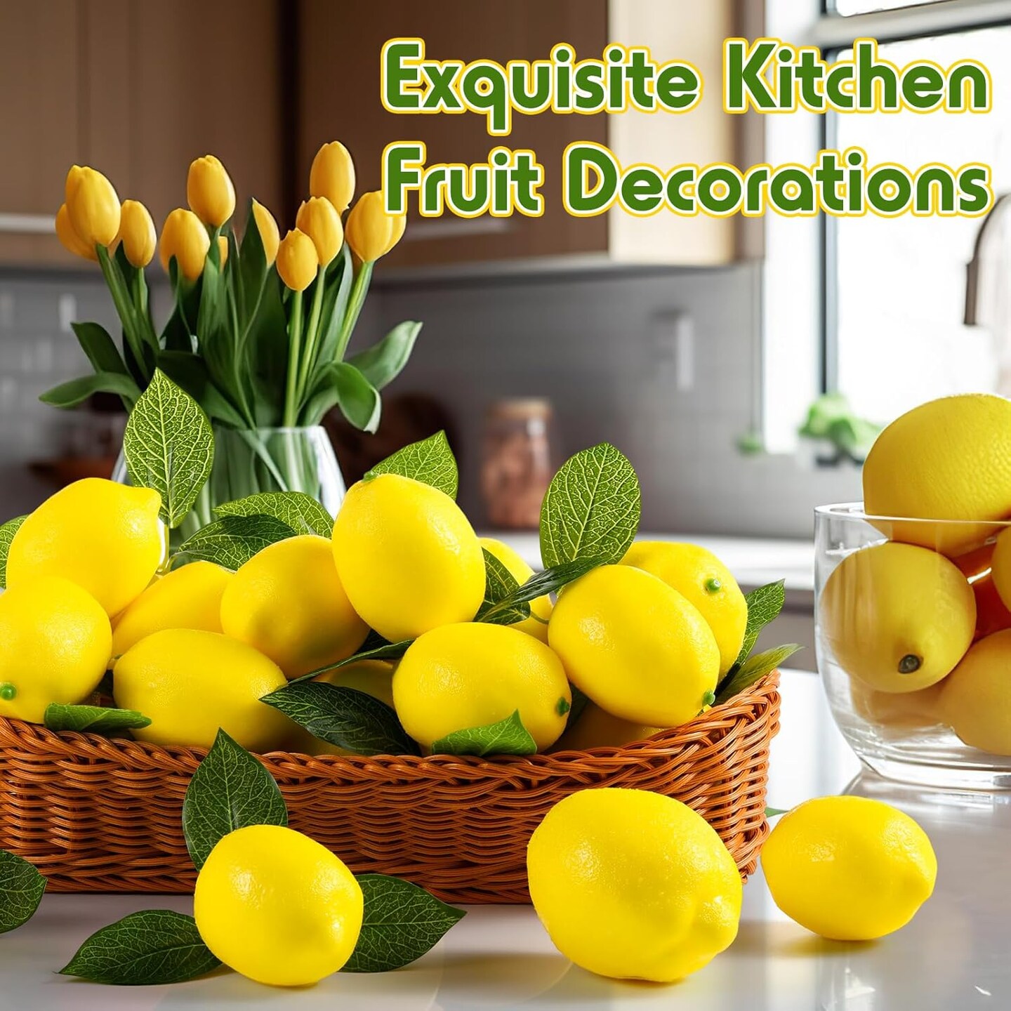 48 Pack Fake Lemons Artificial Fruits with Leaves Summer Decorations