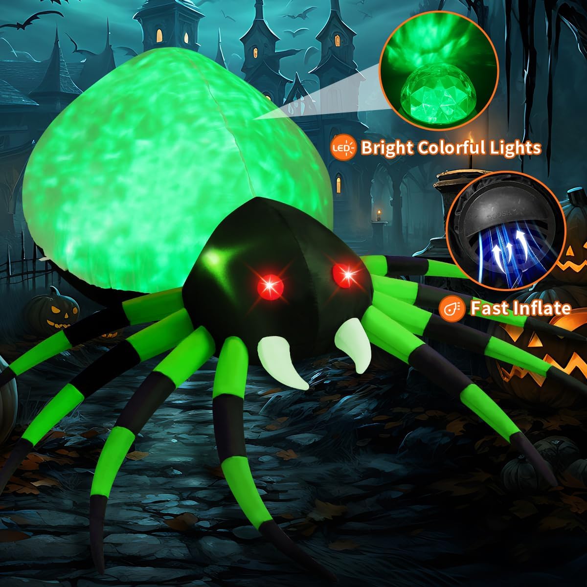 8FT Halloween Inflatable Green light up Spider with LED light