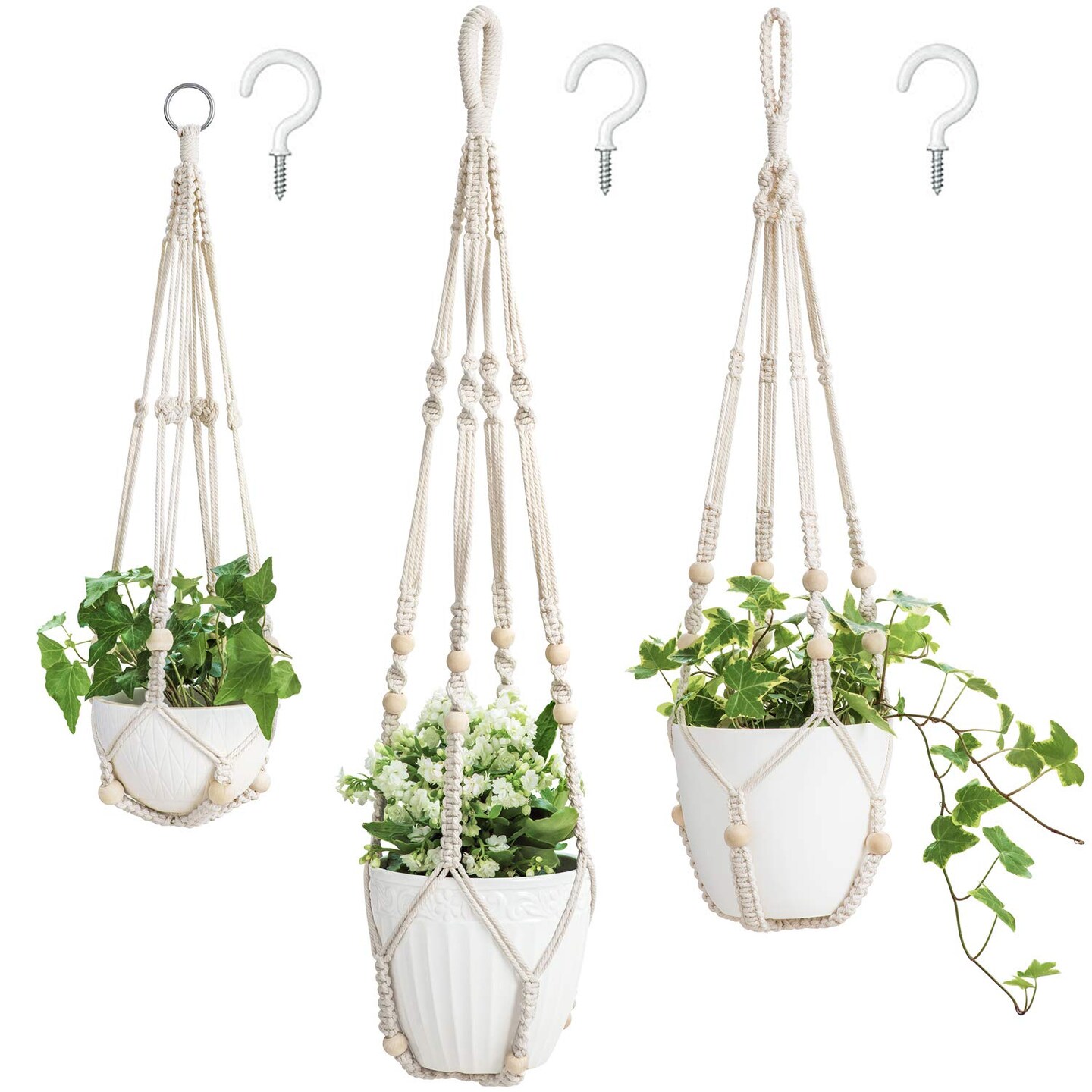 3 Pack Macrame Plant Hangers Indoor Different Size Hanging Planter Basket Flower Pot Holder with Beads No Tassels 35&#x22;/29&#x22;/23&#x22;, Medium, Ivory