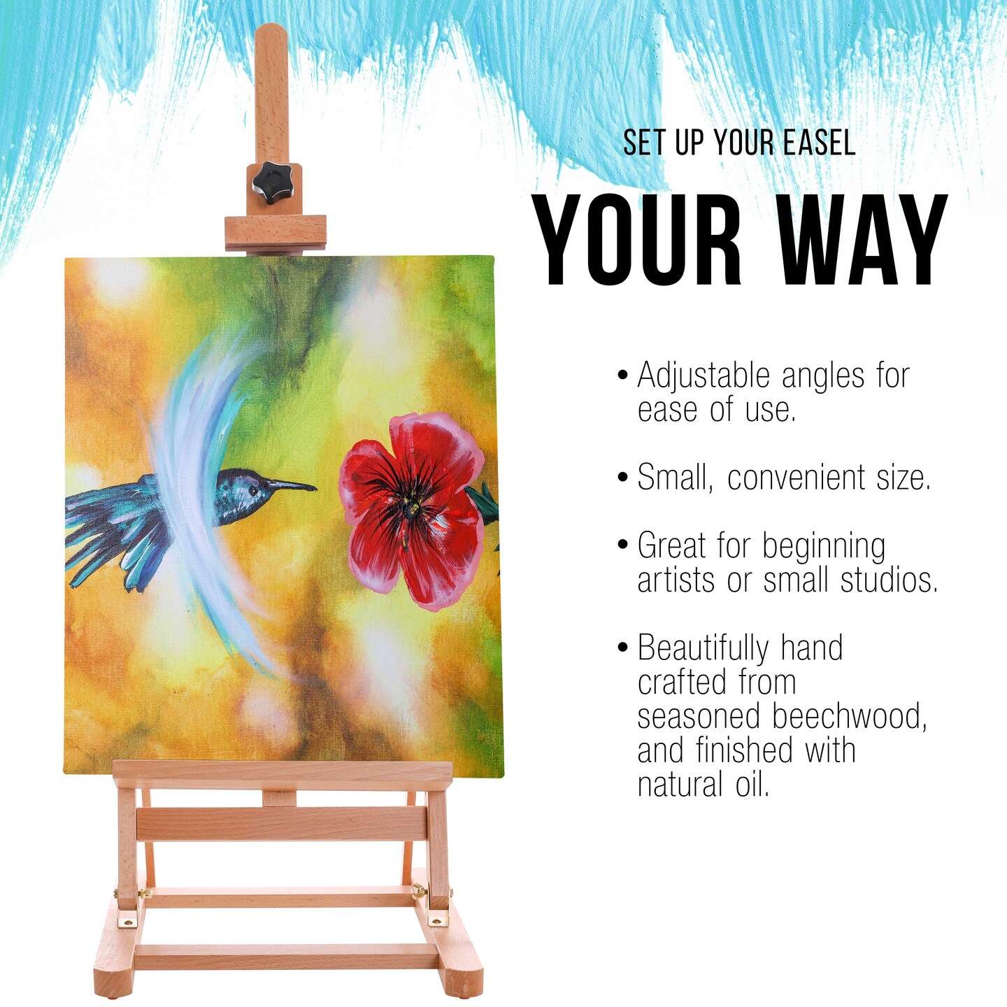 Medium Wooden H-Frame Studio Tabletop Easel - Adjustable Stand, Holds Up To 27" Canvas, Portable Table Top Easel for Painting