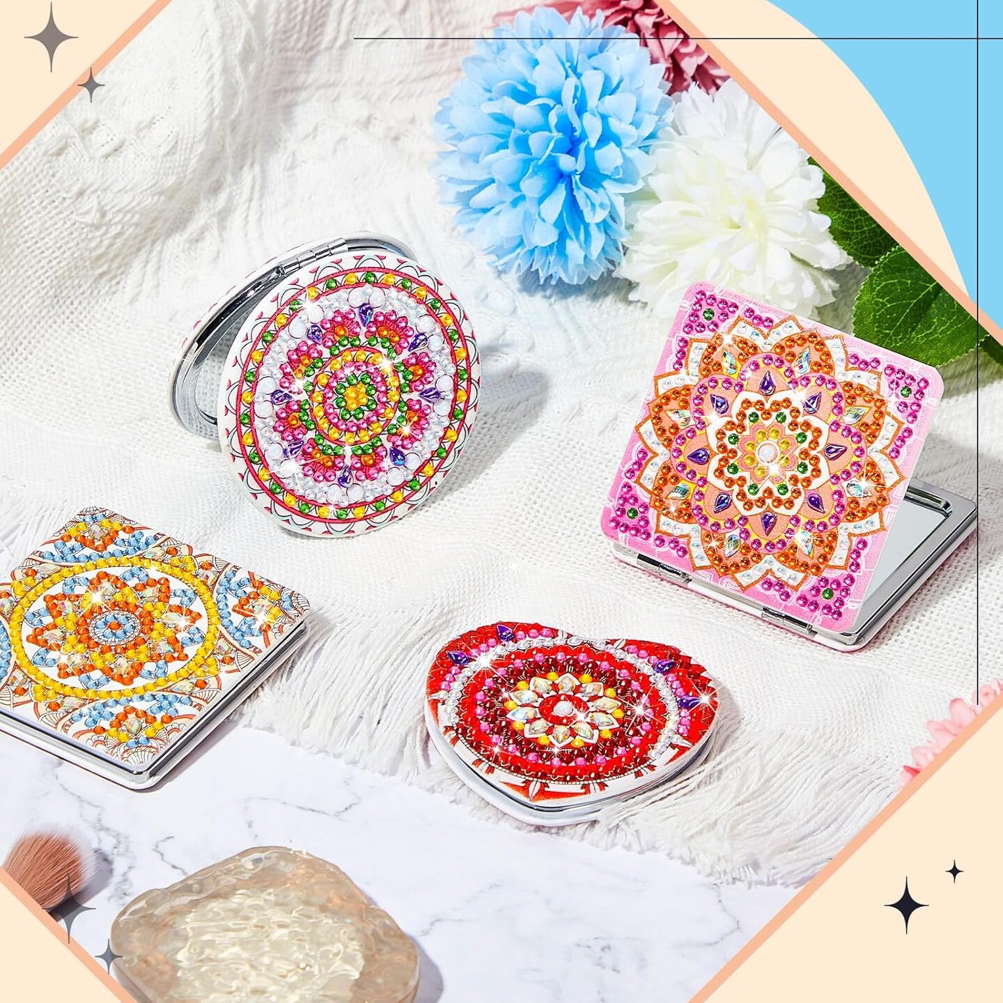 4 Pcs Diamond Painting Compact Mirror DIY Painting Pocket Portable Folding Purse Mirror for Women Diamond Art Mom Gifts for Mother's Day Nurse Week Party Favors(Bright Mandala)