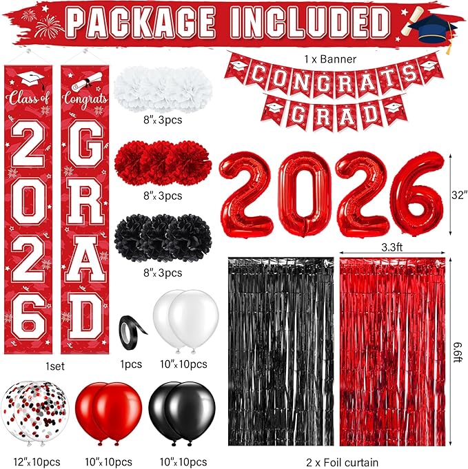 Graduation Party Decorations Class of 2026, Graduation Decorations with Congrats Grad Banner Fringe Foil Curtain Paper Flower Ball Balloons for High School College Grad Party Supplies, Red