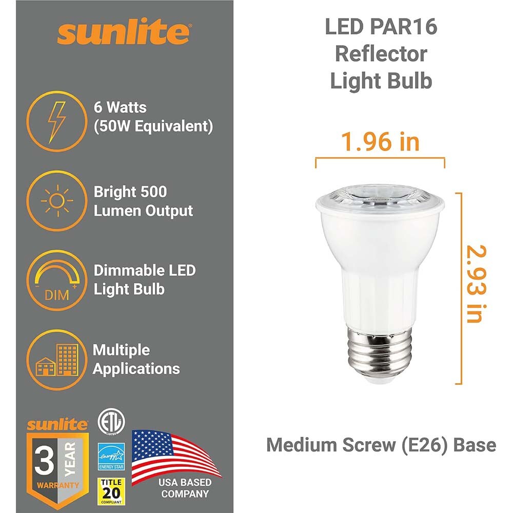 Sunlite 6w LED PAR16 Reflector E26 Base Floodlight 5000K Bulb - 50W Equiv