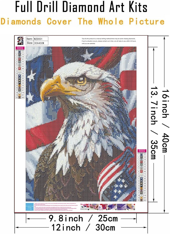 American Eagle Diamond Art Kits for Adults Beginners, DIY Full Round Drill Patriotic Diamond Painting Kits, Paint by Diamonds Dot Gem Art Crystal Easy,Home Wall Decor 12X 16Inch