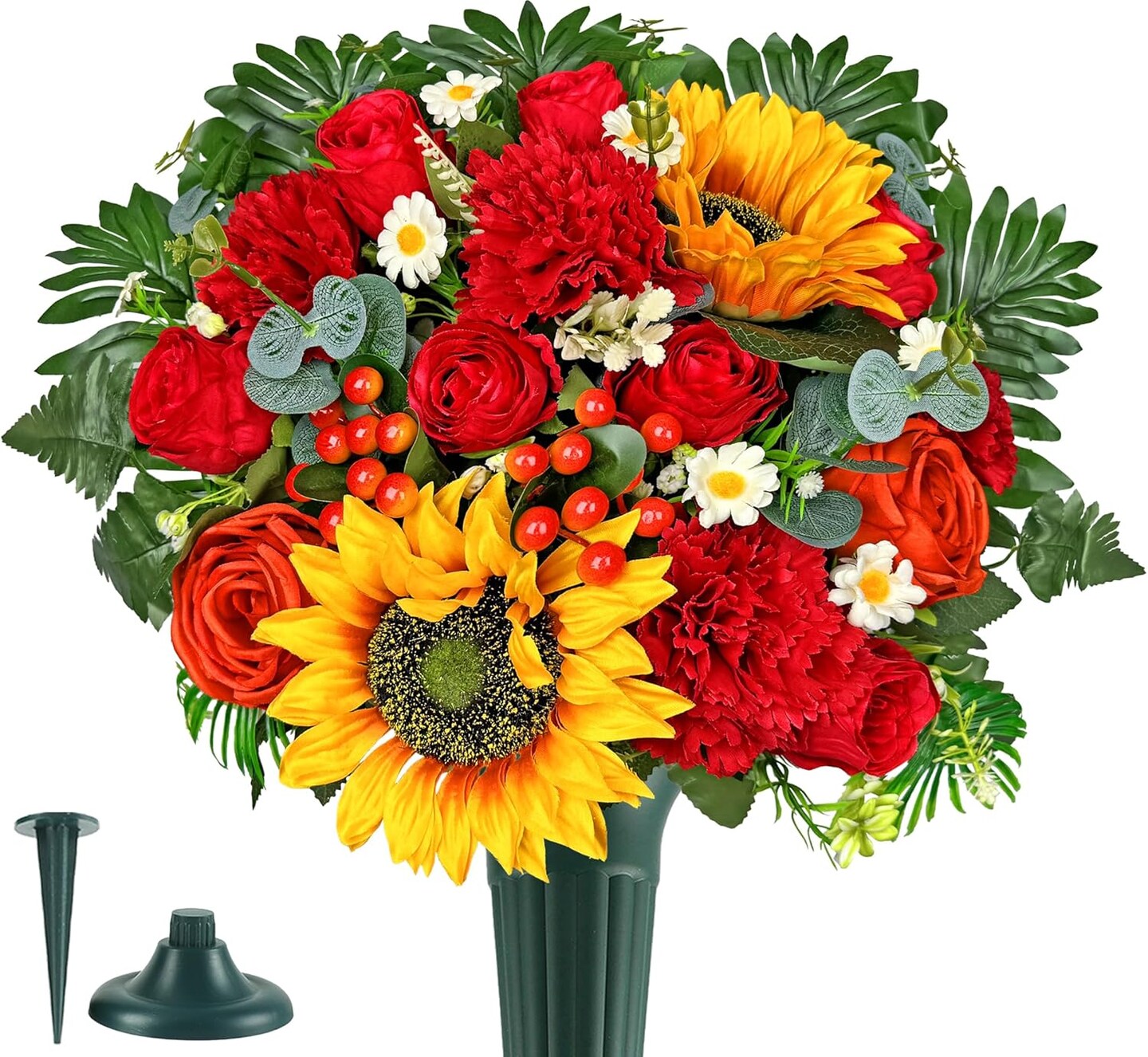 Artificial Cemetery Flowers for Grave Vase - Red Rose and Sunflower Memorial Bouquet with 2 Butterfly Accents - UV Resistant Gravesite Decorations for Outdoors - Headstone Flowers with Ground Spike Vase