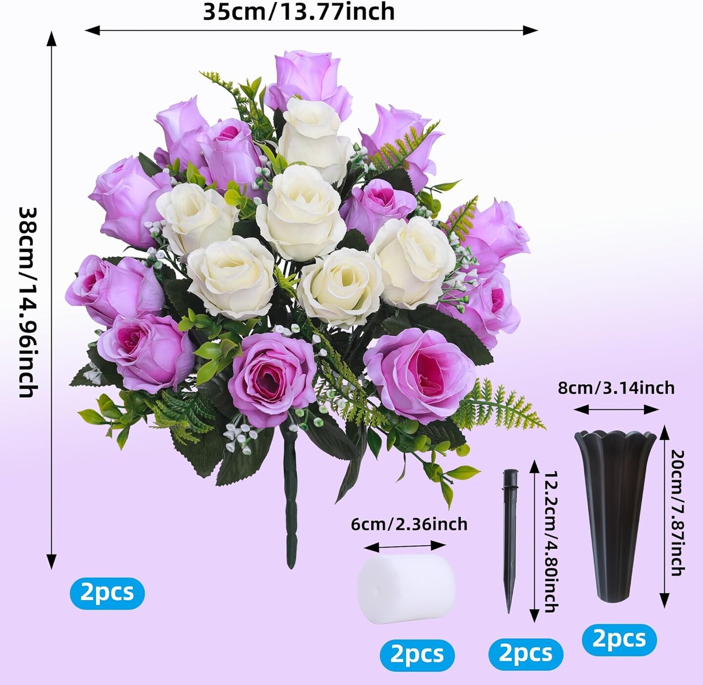 Artificial Cemetery Flowers for Grave Vase - Set of 2 Purple & White Silk Rose Memorial Bouquets - 15.8" Weather Resistant Gravesite Flower Arrangement - Windproof Headstone Decor with Vases