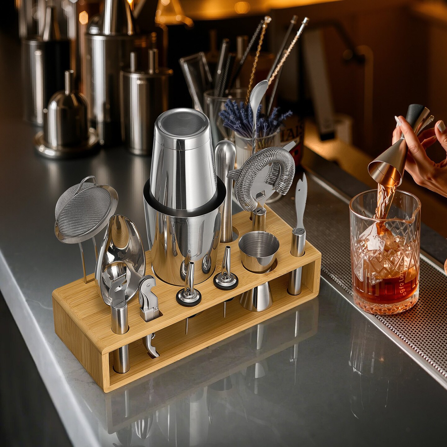 Stainless Steel Cocktail Shaker Set 13-Piece Bar Tools with Bamboo Stand for Home Bar