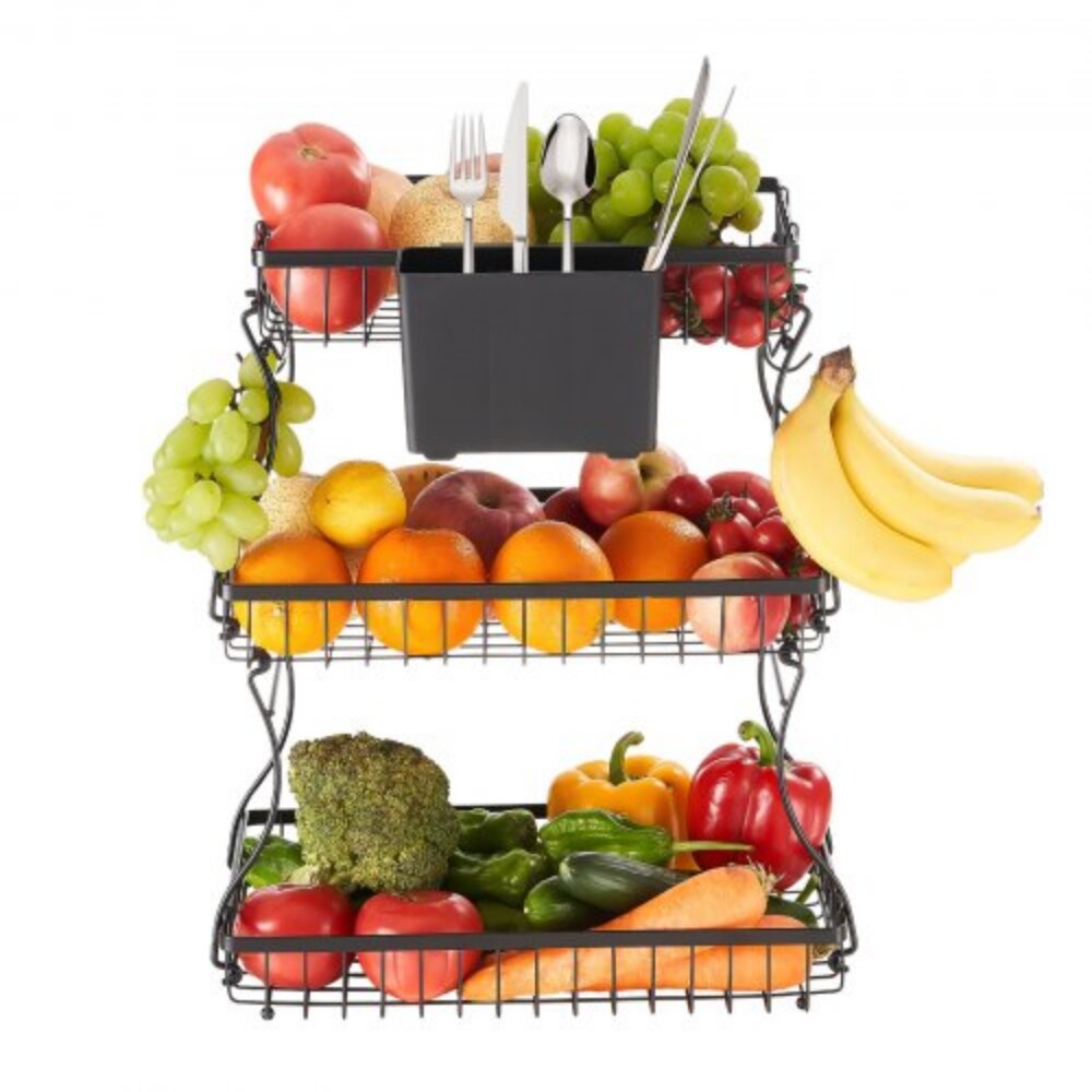 Matte Black Iron 3-Tier Countertop Fruit Basket with Detachable Design