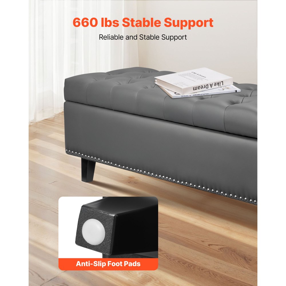 PU Leather Bedroom Storage Bench with Rubber Wood Legs and Soft-Close Lid