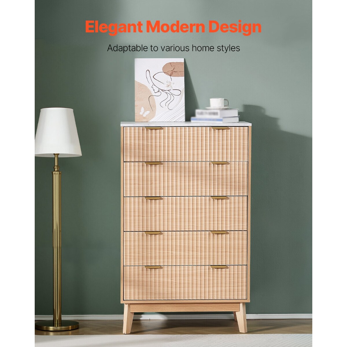 Light Wood MDF Drawer Dresser with Grooved Design, Metal Handles and Smooth Glides