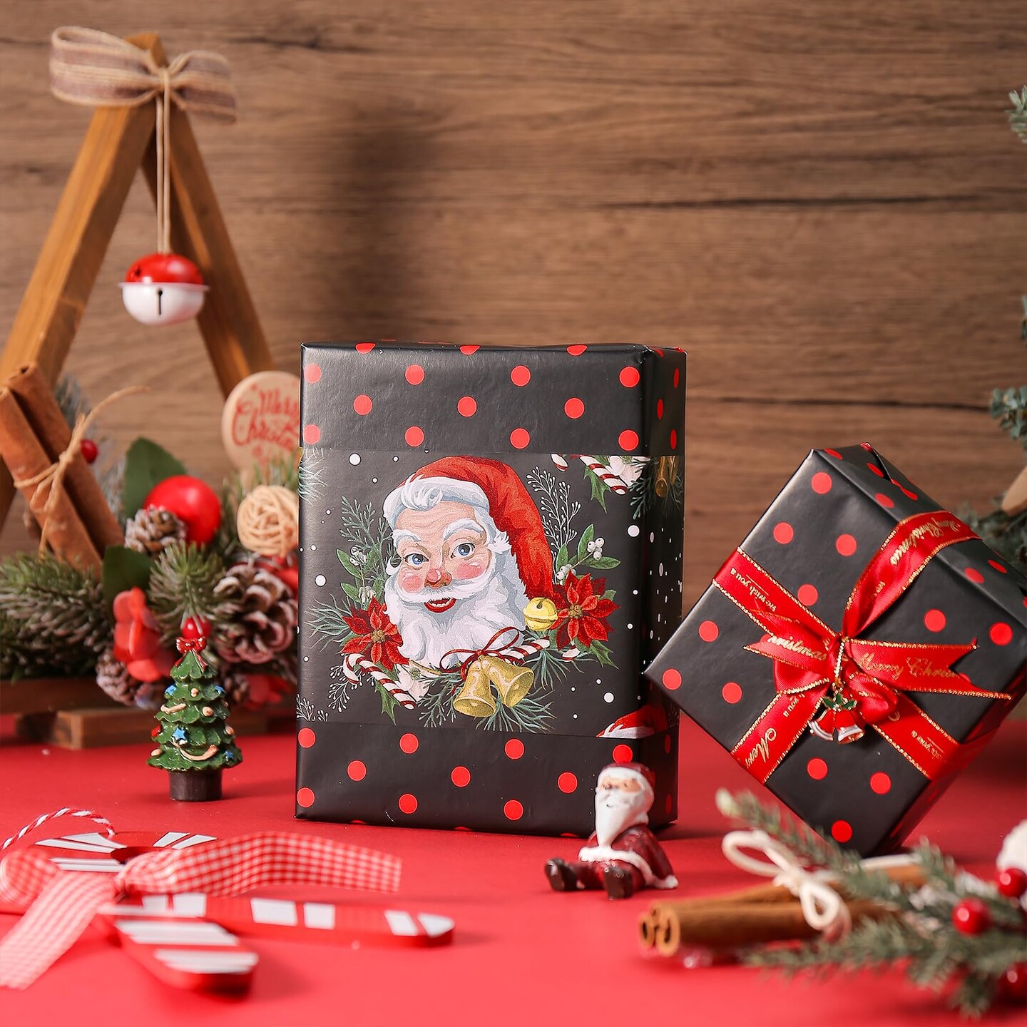Christmas Reversible Wrapping Paper Roll for Women Men, Mini Roll, Vintage Santa Claus and Red Polka Dot Design, Black Gift Wrap for Christmas Party, Holiday Gifts, 17 Inches x 32.8 Feet