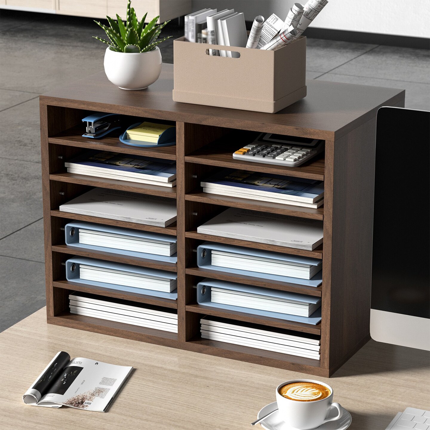 Wood Literature Organizer File Sorter with Removable Shelves Mailbox Slots for Office
