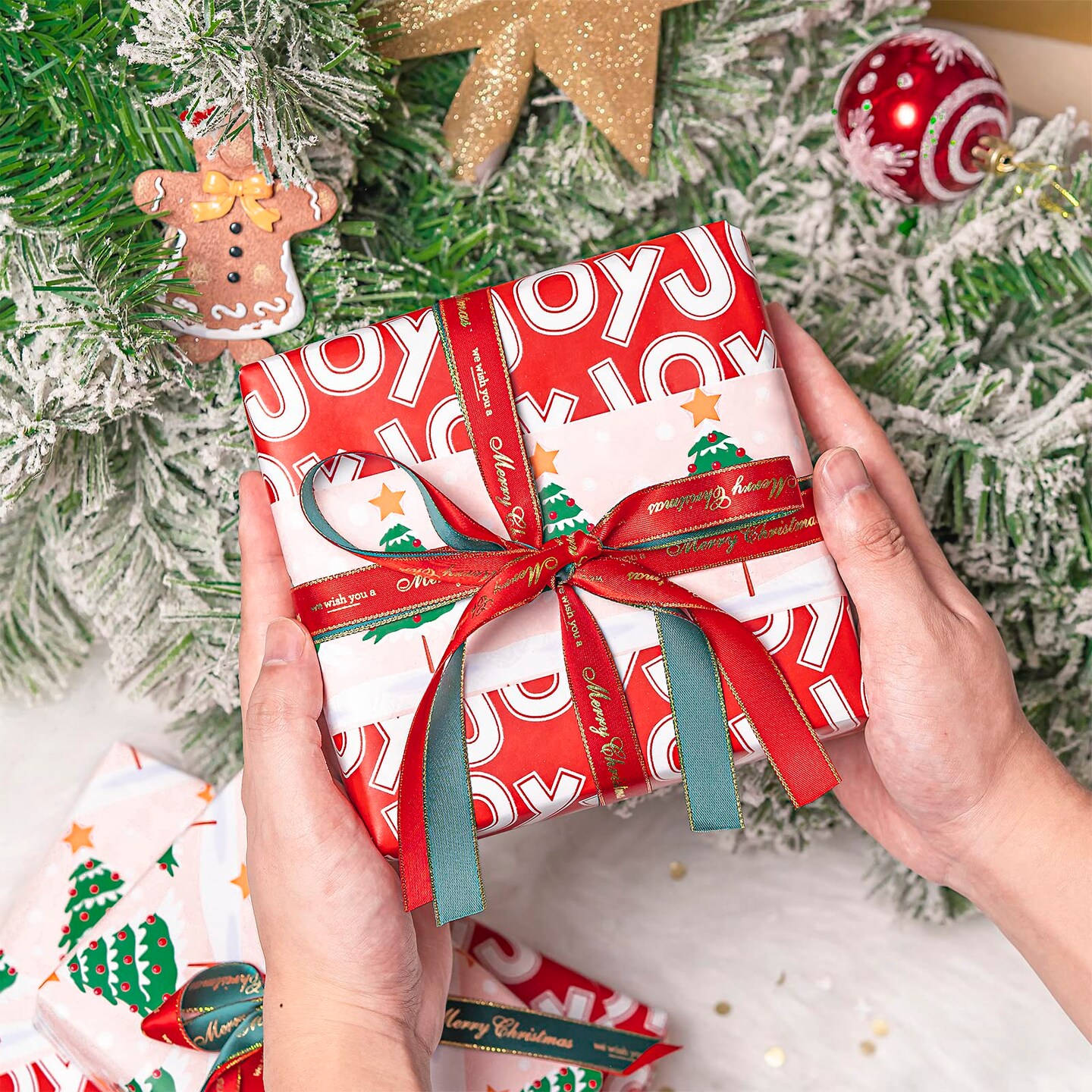 Reversible Christmas Wrapping Paper - Mini Roll - 17 Inch x 33 Feet - Christmas Tree Wrapping Paper with Joy Lettering Perfect for Holiday, Party, Celebration