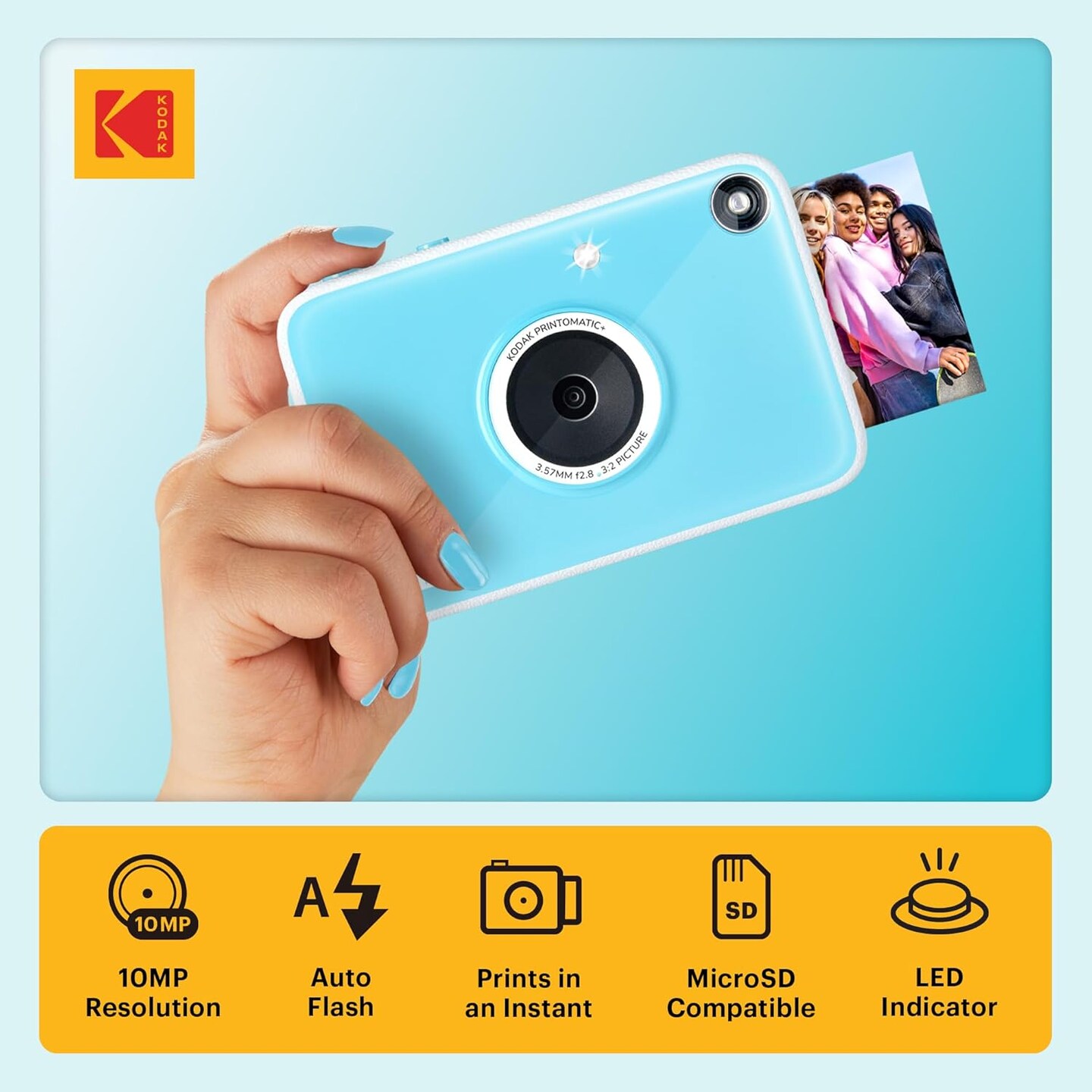 Kodak Printomatic+ Instant Print Digital Camera Starter Bundle + Carrying Case + Zink 20pk Sticky-Back Photo Paper - 10MP, Full-Color Photos, RGB LED Status Indicator