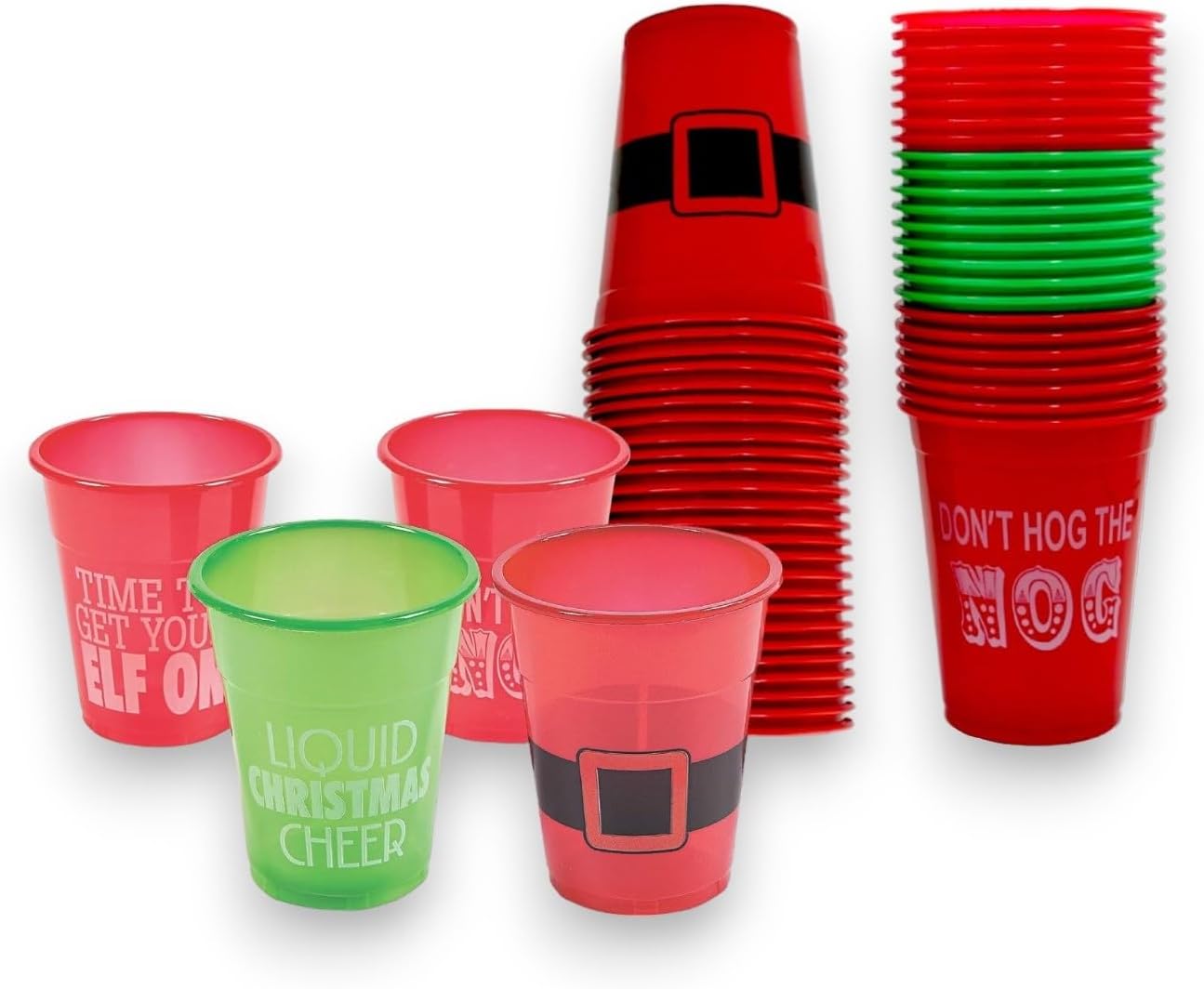 4E’s Novelty 50 Pack 16oz Christmas Cups for Party – Funny Disposable Plastic Holiday Cups with Santa & Humorous Quotes, Christmas Party Cups Bulk for Drinks, Cocoa & Party Favors for Kids & Adults