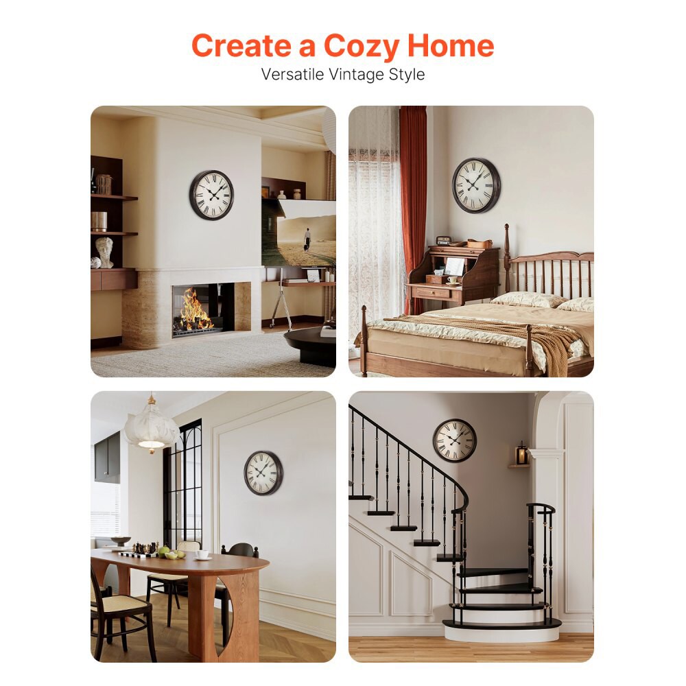 20 Inch Wall Clock with Roman Numerals Battery Operated Silent Round Clock Brown