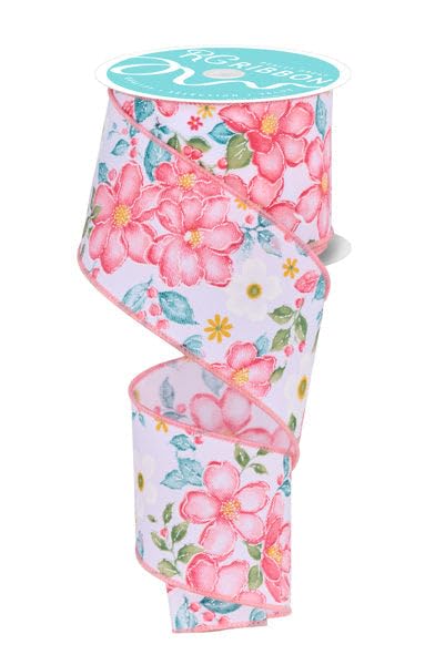 RG Ribbon: 2.5" Watercolor Flowers Wired Ribbon, 10 Yards, White, Pink, Multi