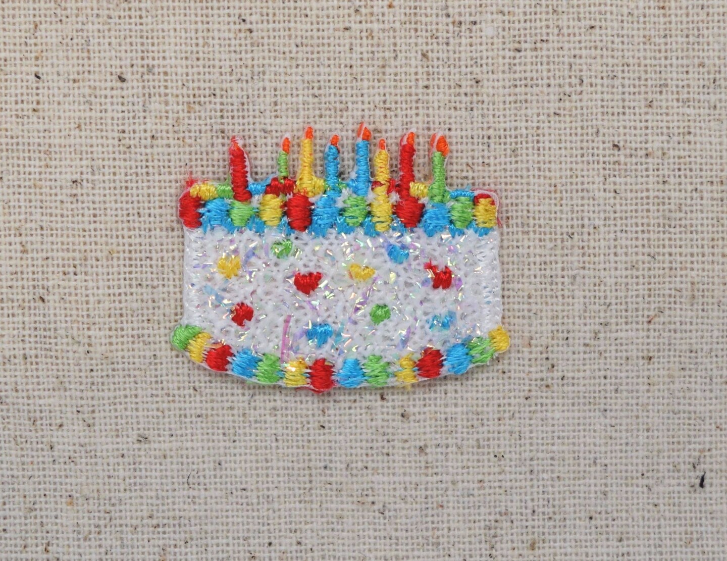 Mini White Confetti Shimmery Birthday Cake with Candles Embroidered, Iron on Patch