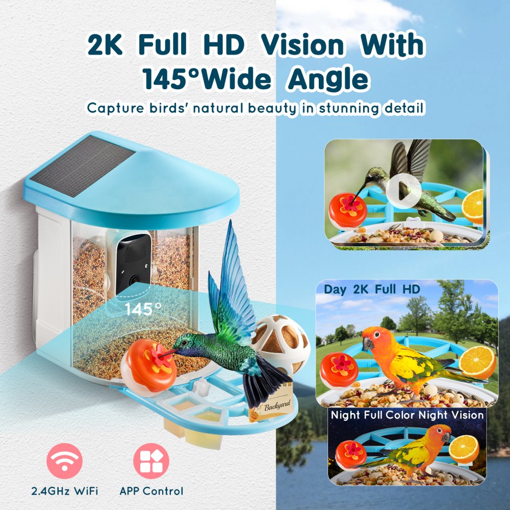 Blue Solar Smart Bird Feeder with 2K Camera, 3 Solar Panels and 2L Food Container