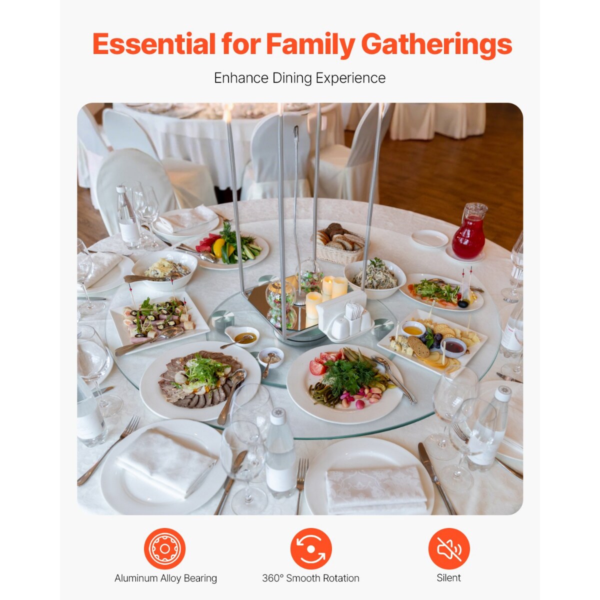 Transparent Tempered Glass Lazy Susan Turntable with Aluminum Base and 360 Degree Rotation