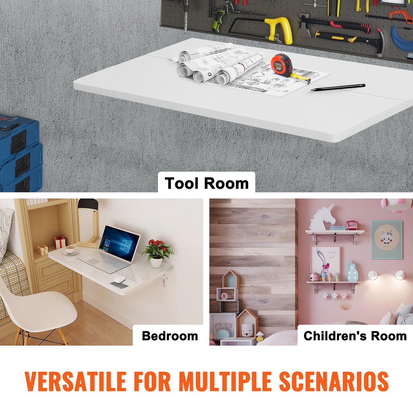 Wall Mount Foldable Desk Floating Table with Iron Bracket for Small Spaces White