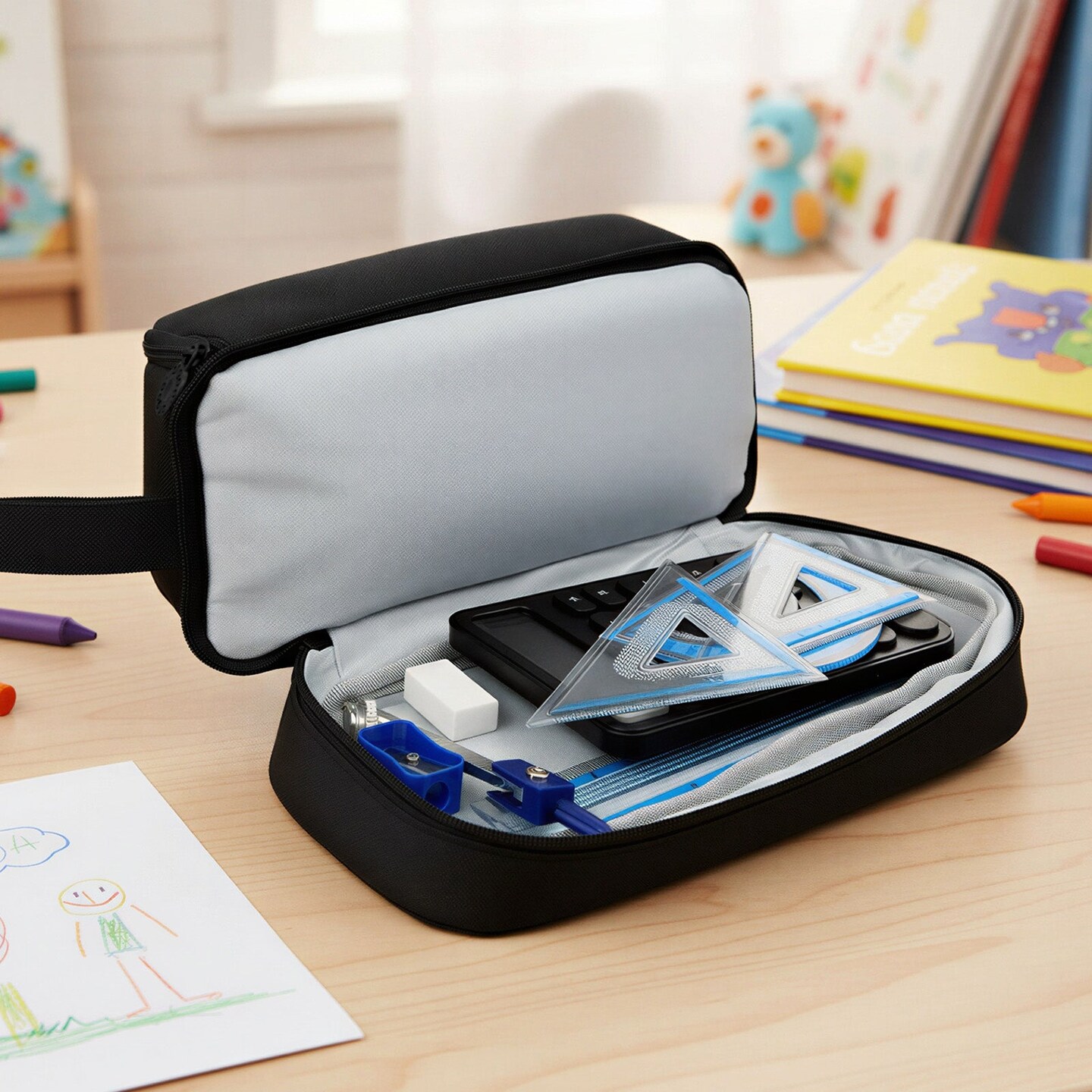 Wrapables 4 Compartment Large Capacity Pencil Case, Pencil Pouch for Stationery Tools, Black