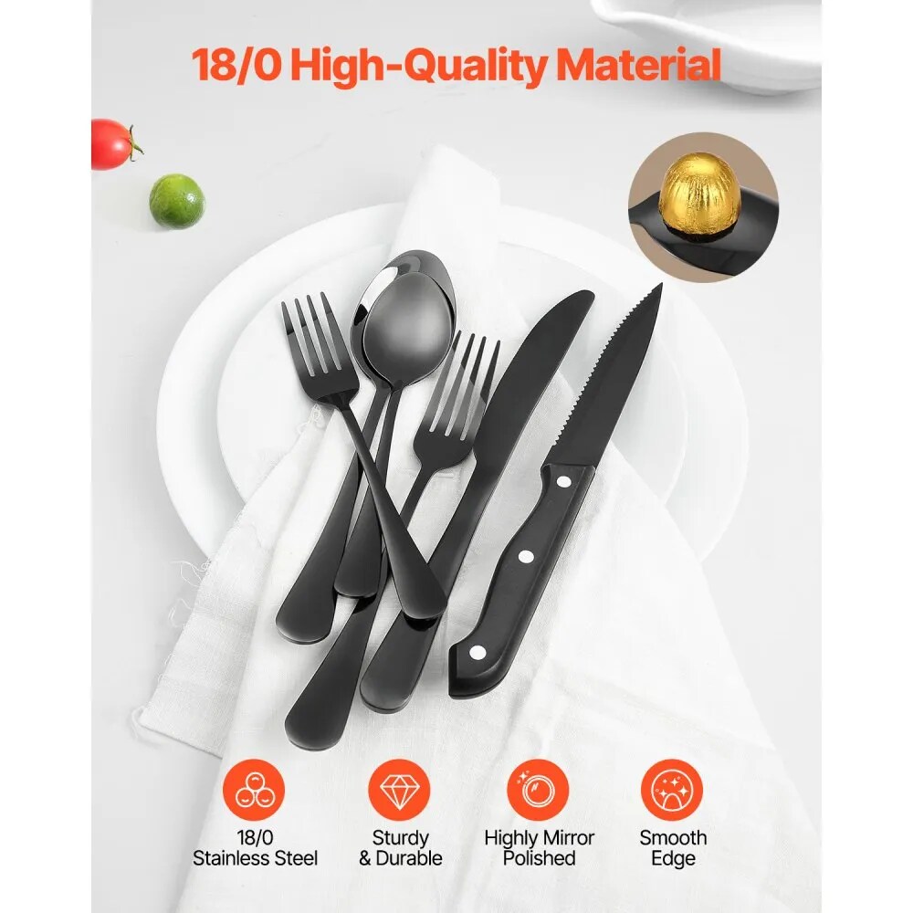 Black Stainless Steel Flatware Set 48 Piece with Steak Knives Service for 8