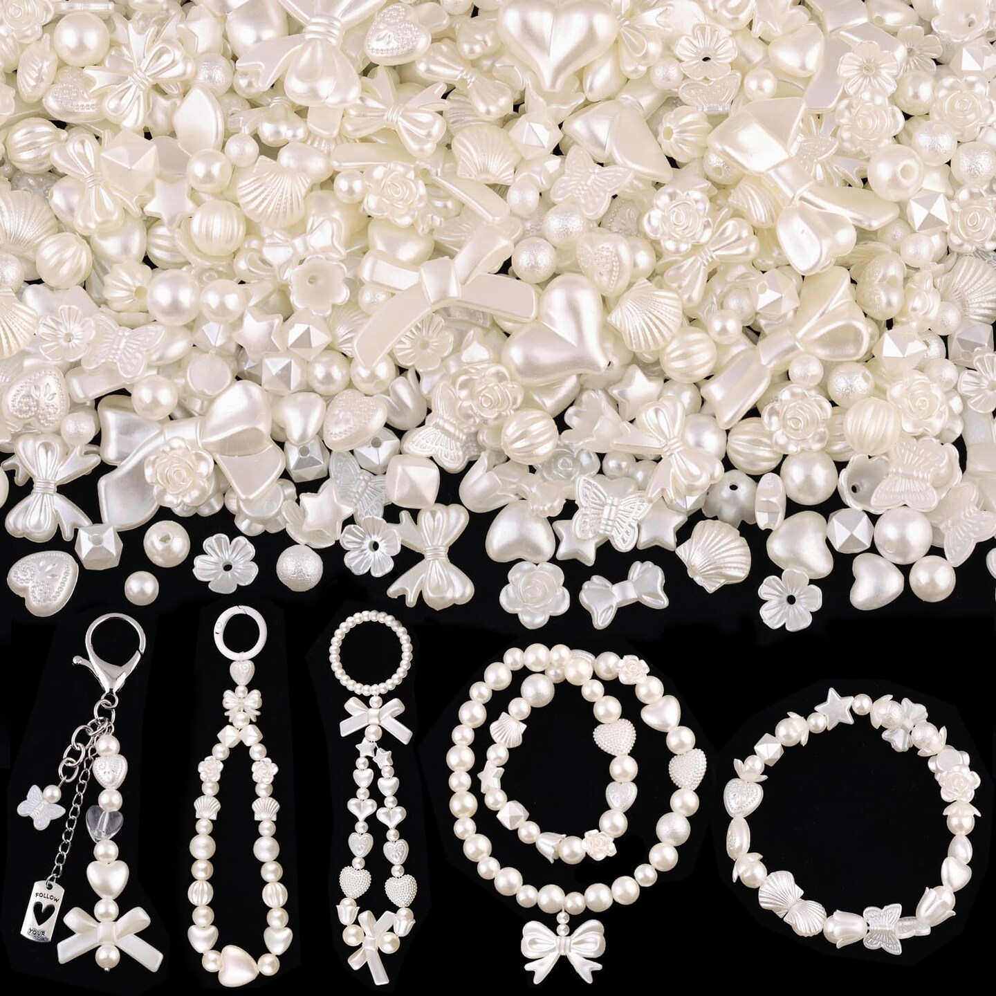 TINKRSTUFF Assorted 270-320PCS Mix ABS Imitation Pearl Beads for Bracelet Making, Bow Butterfly Heart Kawaii Aesthetic Acrylic Beads,Cute Beads for Jewelry Making DIY Necklace Keychain Phone Charms