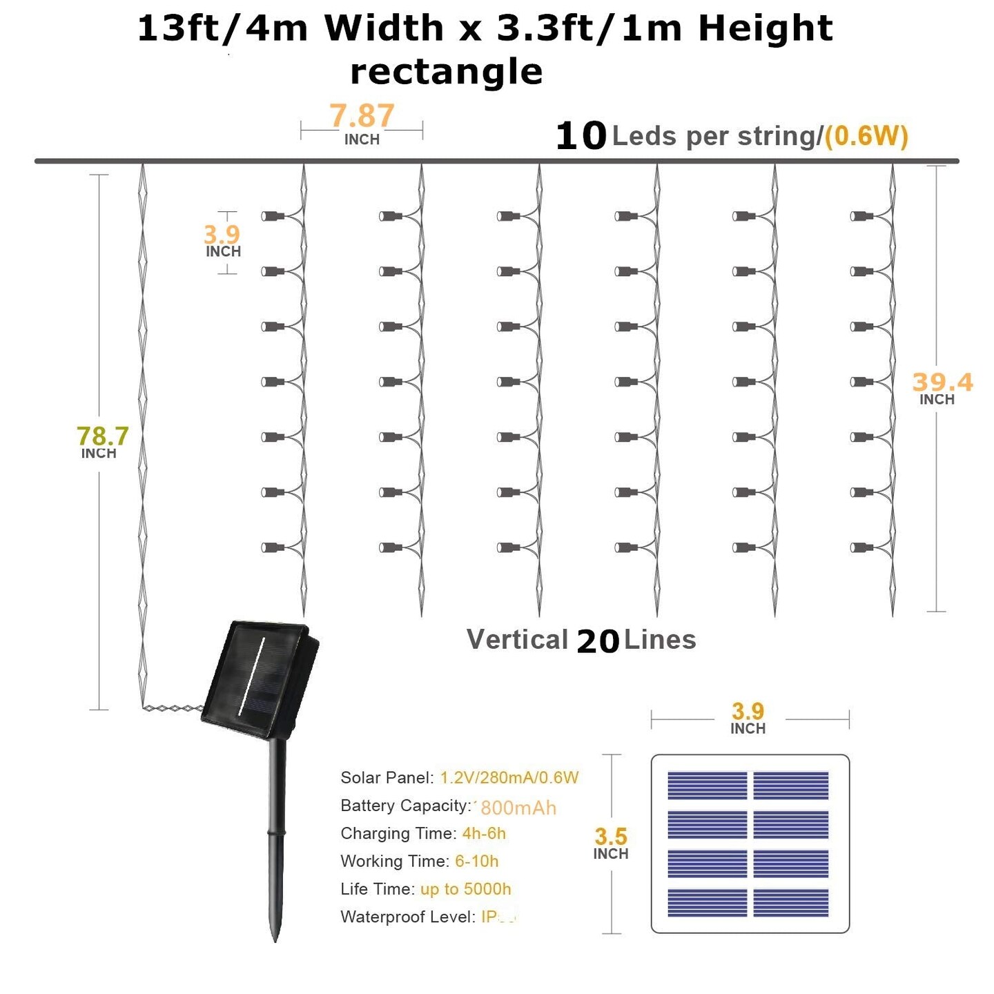 DBFAIRY Solar Curtain Lights,13ft x 3.3ft 200 LED Outdoor Solar Curtain Lights Waterproof Green Wire with 8 Mode for Garden Handrail Railing Eaves Wall Decoration -Warm White