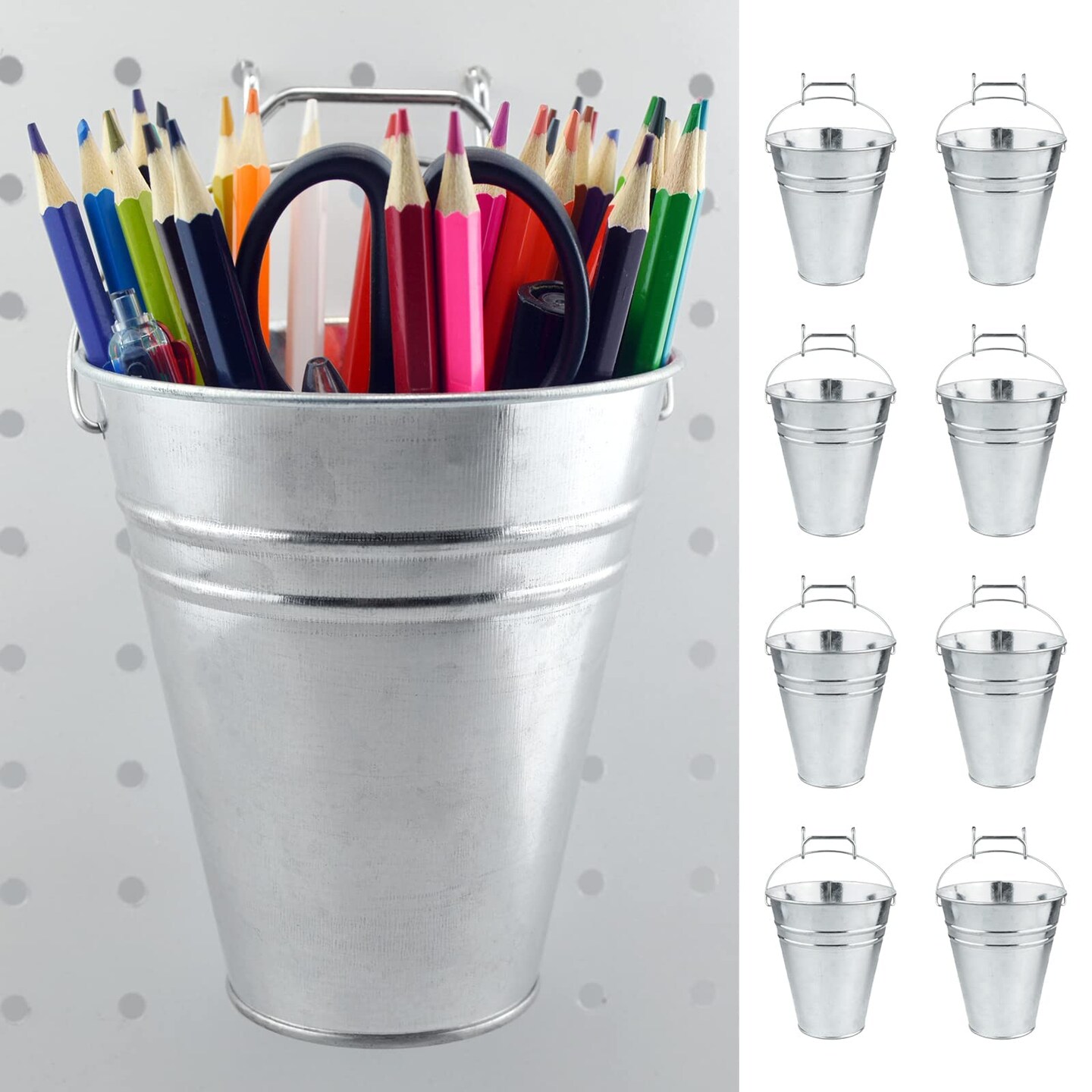 G.CORE 9 Pack Silver Pegboard Cups with Hooks, Peg Board Hooks Assortment Organizer Accessory, Various Tools Storage Arrange System Kit, for Garage Craft Workshop Workbench Hobby Office