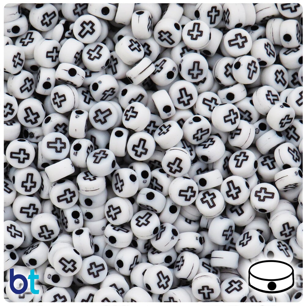 BeadTin White Opaque 7mm Coin Plastic Alpha Beads - Black Crosses (250pcs)