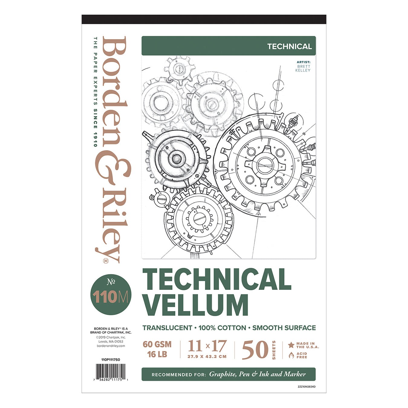 Borden & Riley #110M Technical Vellum Pad, 60 GSM/16 lb., 100% Cotton, 1 Pad Each