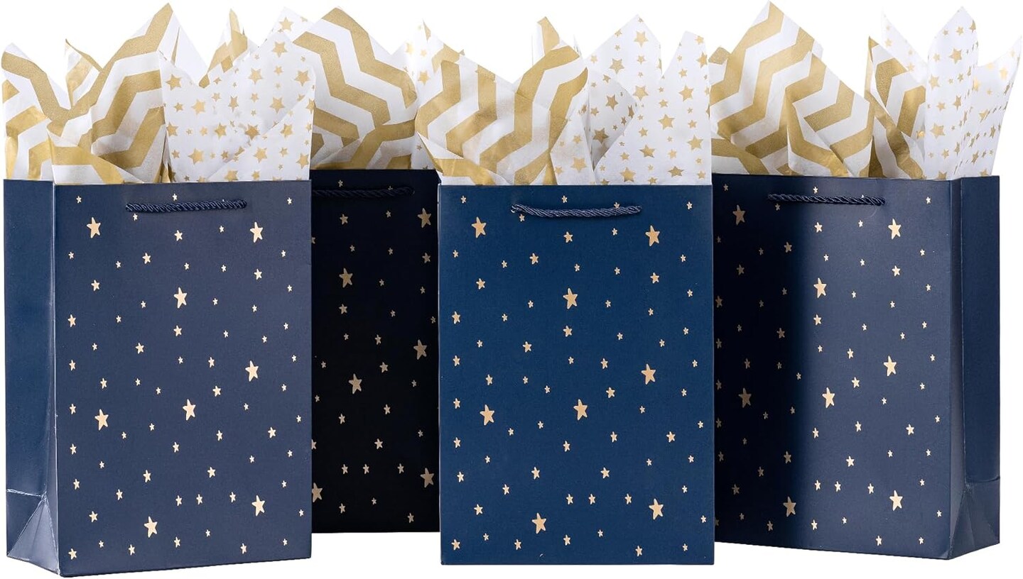 10-Pack Navy Blue Gift Bags with Gold Foil Stars – Kraft Paper Bags with Handles & Tissue Paper, 8x4x11 Inch, Bulk for Men, Groomsmen, Christmas Gifts (Navy with Stars)
