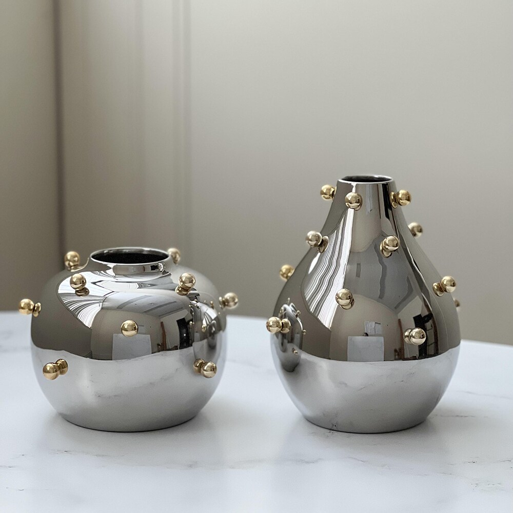 Stainless Steel Vase With Gold Balls Large