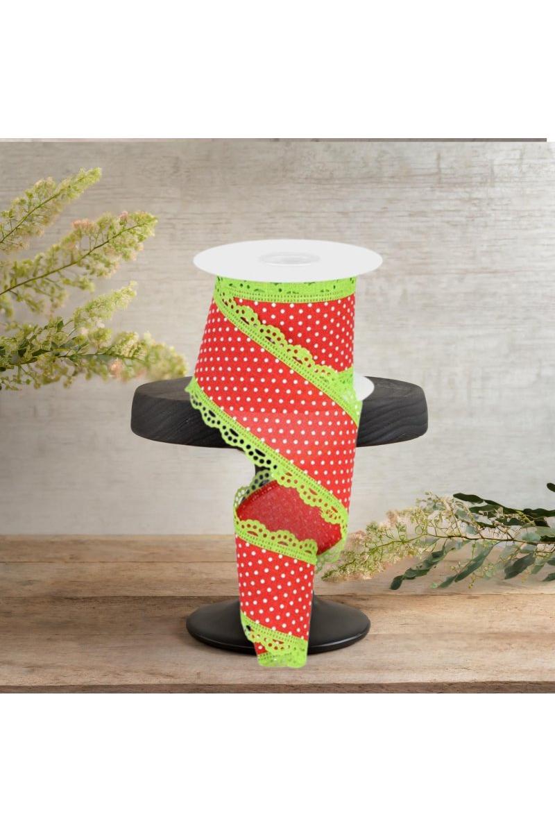 2.5&#x22; Swiss Dots Lace Edge Ribbon: Red/Lime Green (10 Yards)
