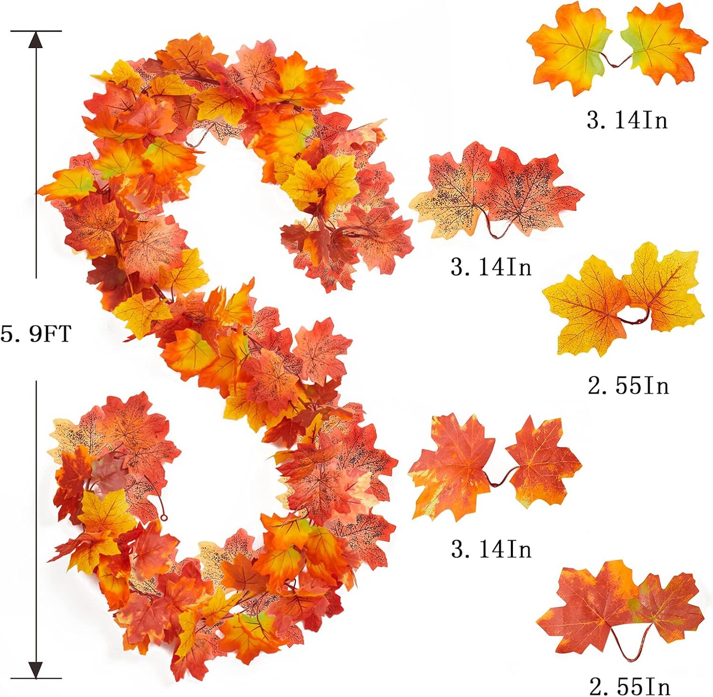 5 Pack Fall Garland, 5.9 Ft Artificial Maple Leaf Autumn Garland Hanging Fall Vines Table Decorations Front Door Fall Decor Thanksgiving Decorations Decor Outside Indoor Decor